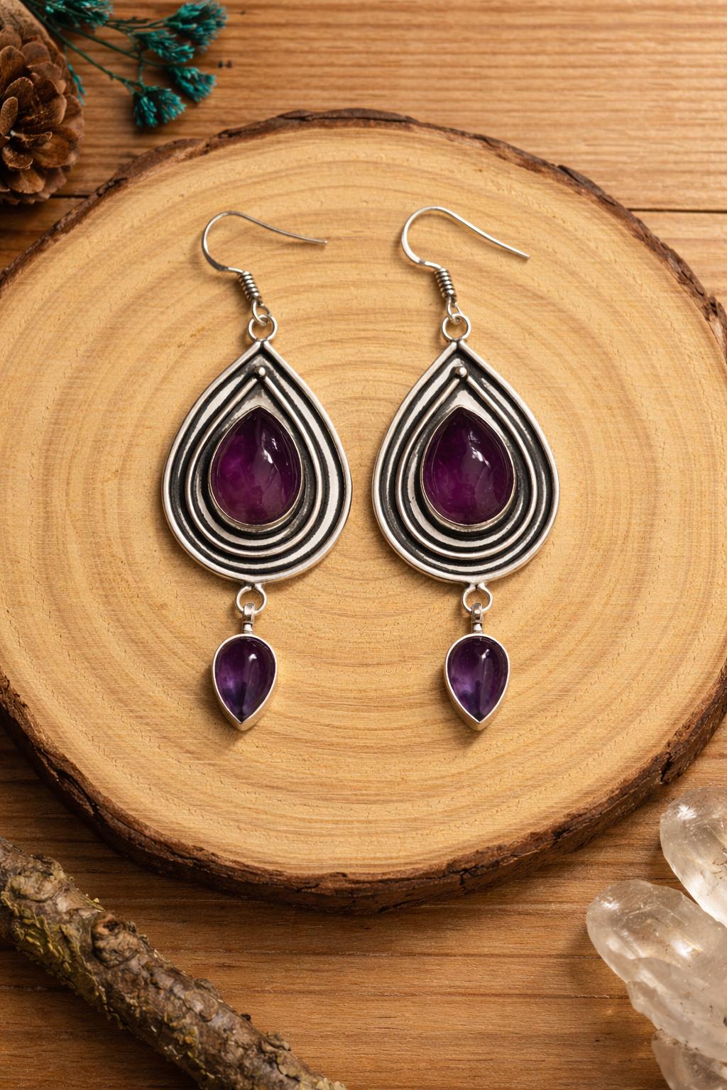 Amethyst Dangle Earrings In Sterling Silver, Statement Earrings