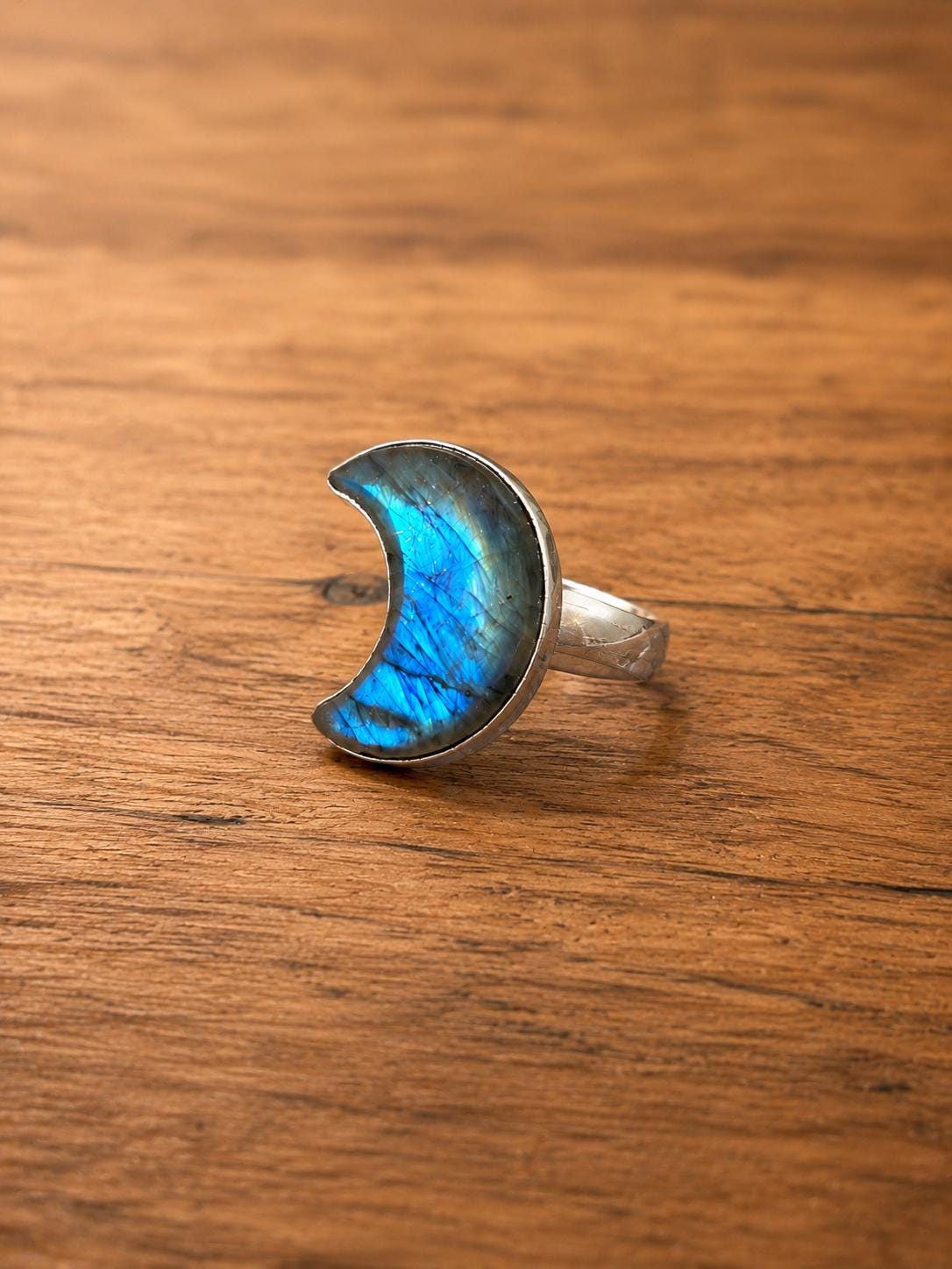 Crescent Moon Labradorite Ring, Sterling Silver Boho Jewelry