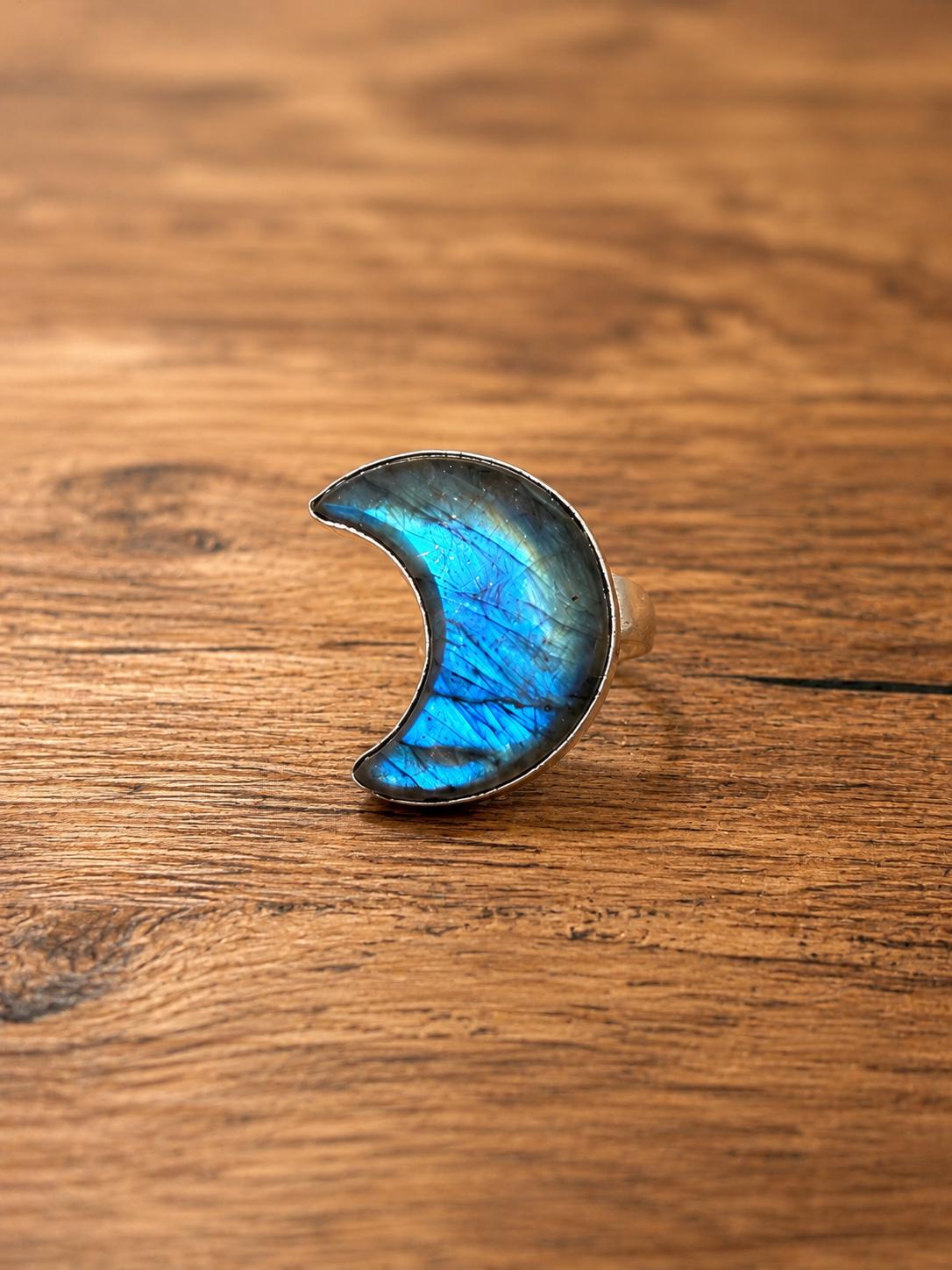 Crescent Moon Labradorite Ring, Sterling Silver Boho Jewelry