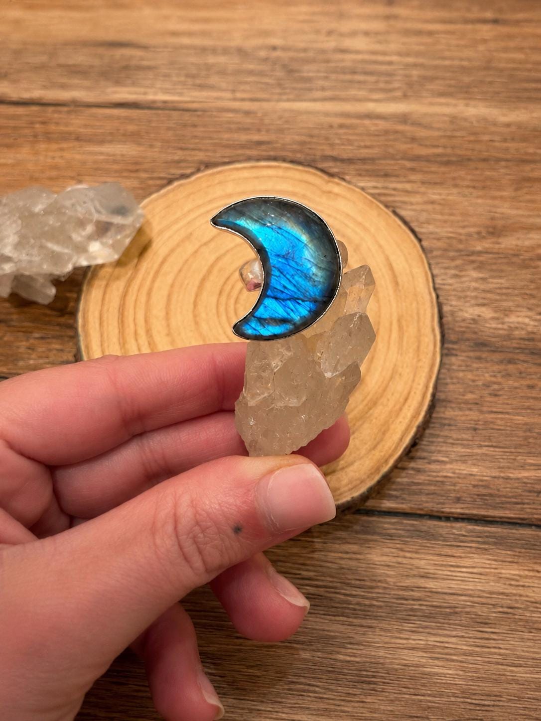 Crescent Moon Labradorite Ring, Sterling Silver Boho Jewelry