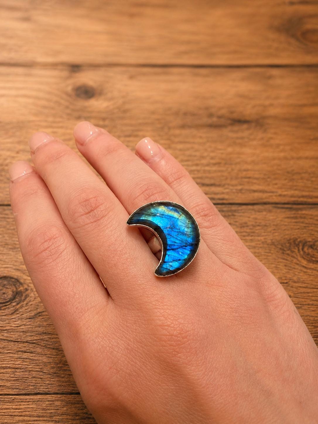 Crescent Moon Labradorite Ring, Sterling Silver Boho Jewelry