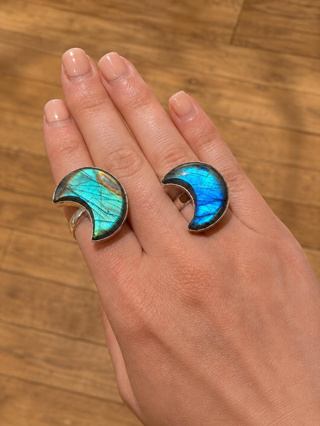 Crescent Moon Labradorite Ring, Sterling Silver Boho Jewelry