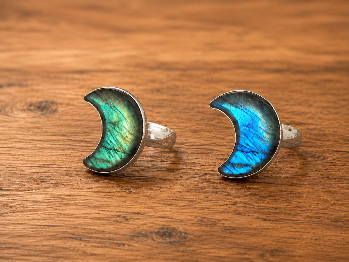 Crescent Moon Labradorite Ring, Sterling Silver Boho Jewelry