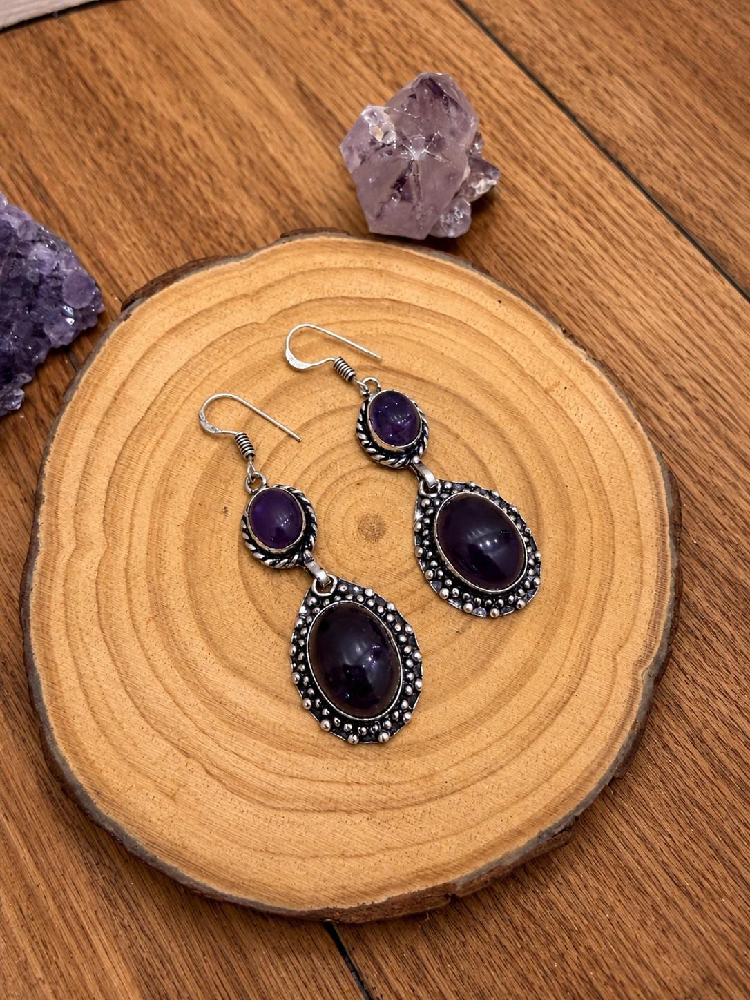 Amethyst Dangle Earrings, Sterling Silver, Purple Gemstone Boho Earrings, Birthstone Gift for Her