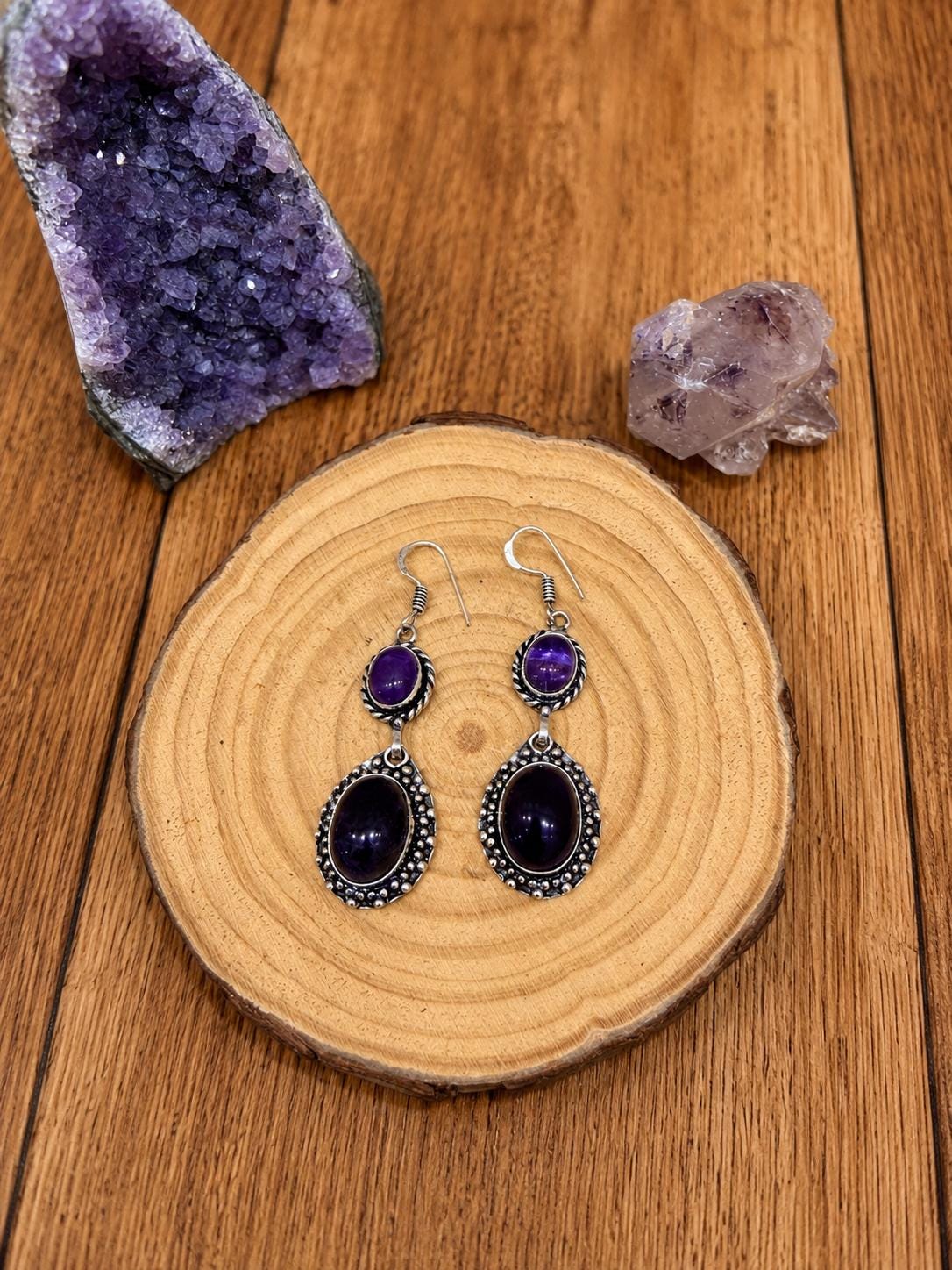 Amethyst Dangle Earrings, Sterling Silver, Purple Gemstone Boho Earrings, Birthstone Gift for Her