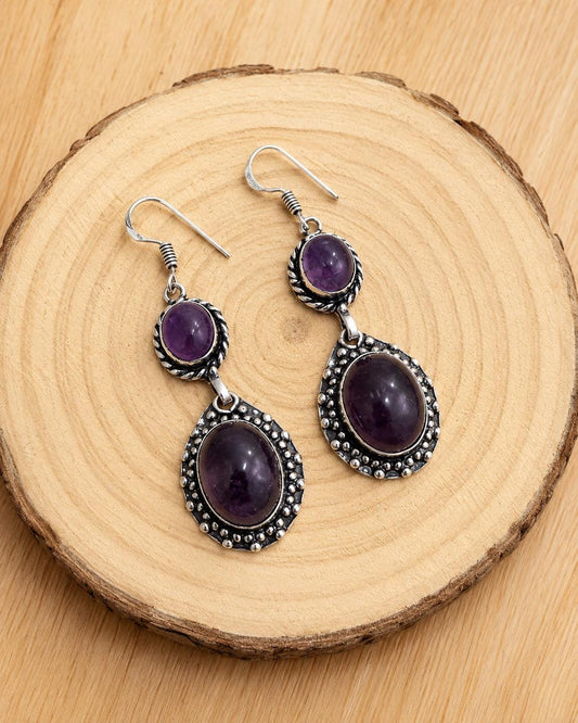 Amethyst Dangle Earrings, Sterling Silver, Purple Gemstone Boho Earrings, Birthstone Gift for Her