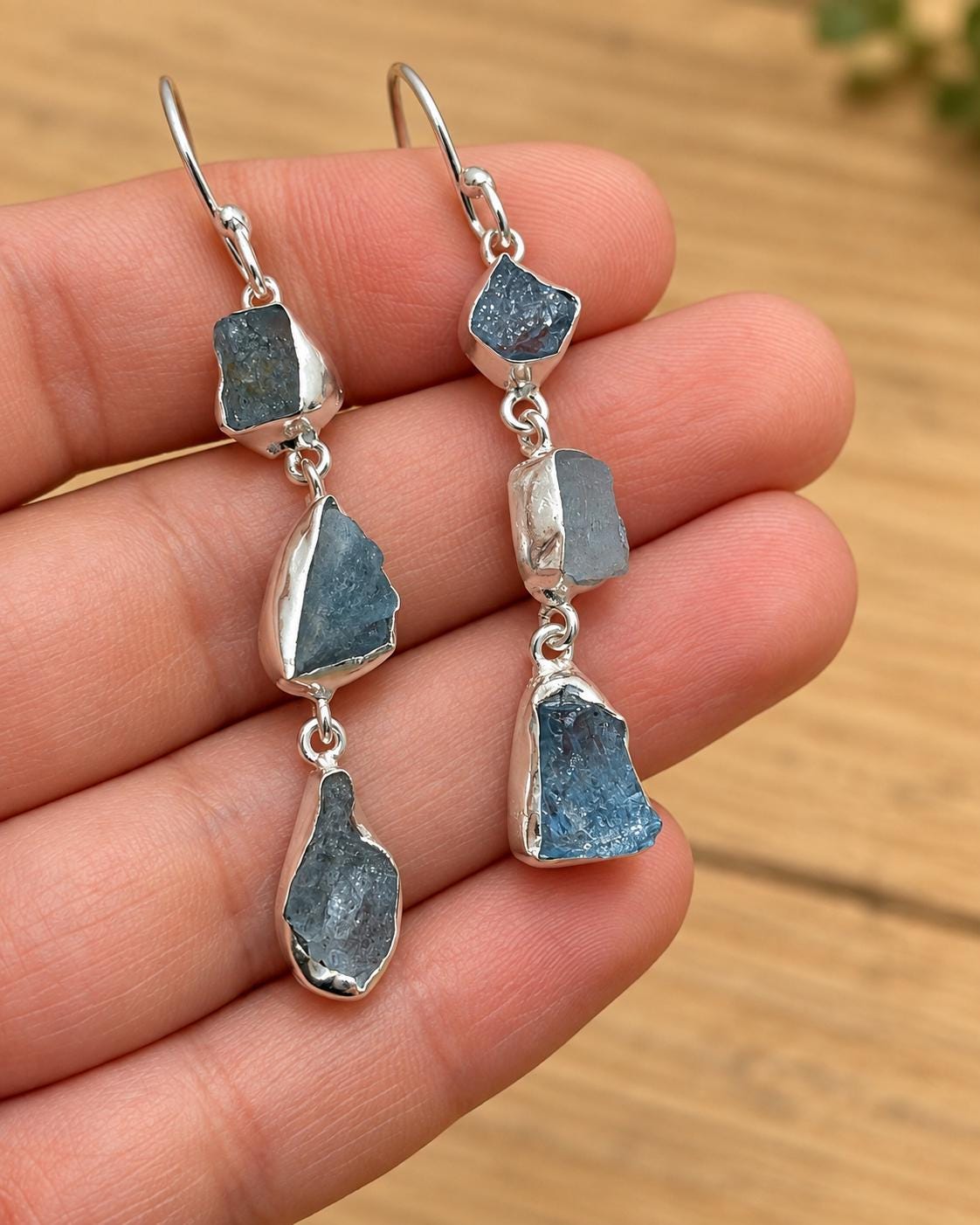 Raw Aquamarine Dangle Earrings, Sterling Silver, Rough Natural Gemstone, March Birthstone