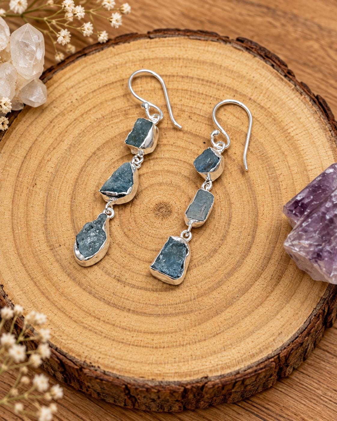 Raw Aquamarine Dangle Earrings, Sterling Silver, Rough Natural Gemstone, March Birthstone