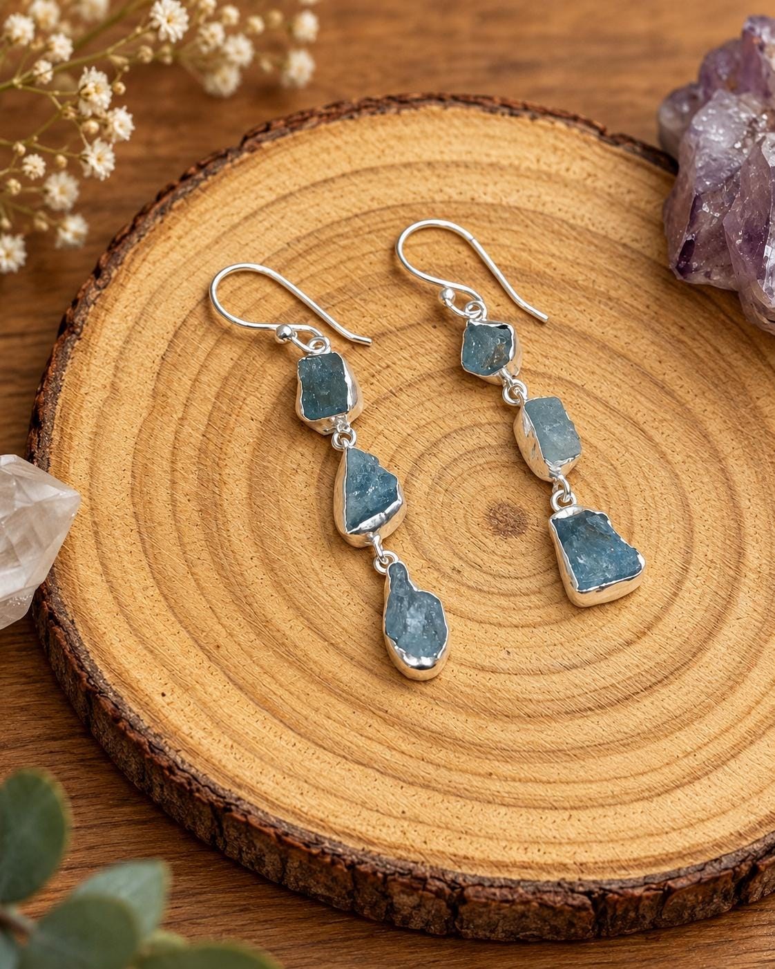Raw Aquamarine Dangle Earrings, Sterling Silver, Rough Natural Gemstone, March Birthstone