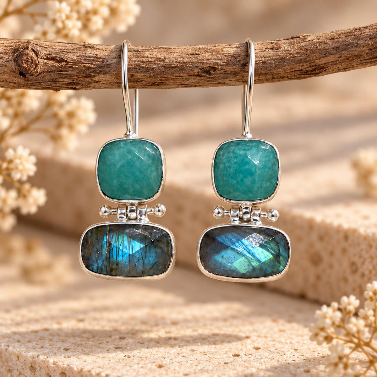 Amazonite & Labradorite Gemstone Drop Earrings, Blue Flash Boho Jewelry