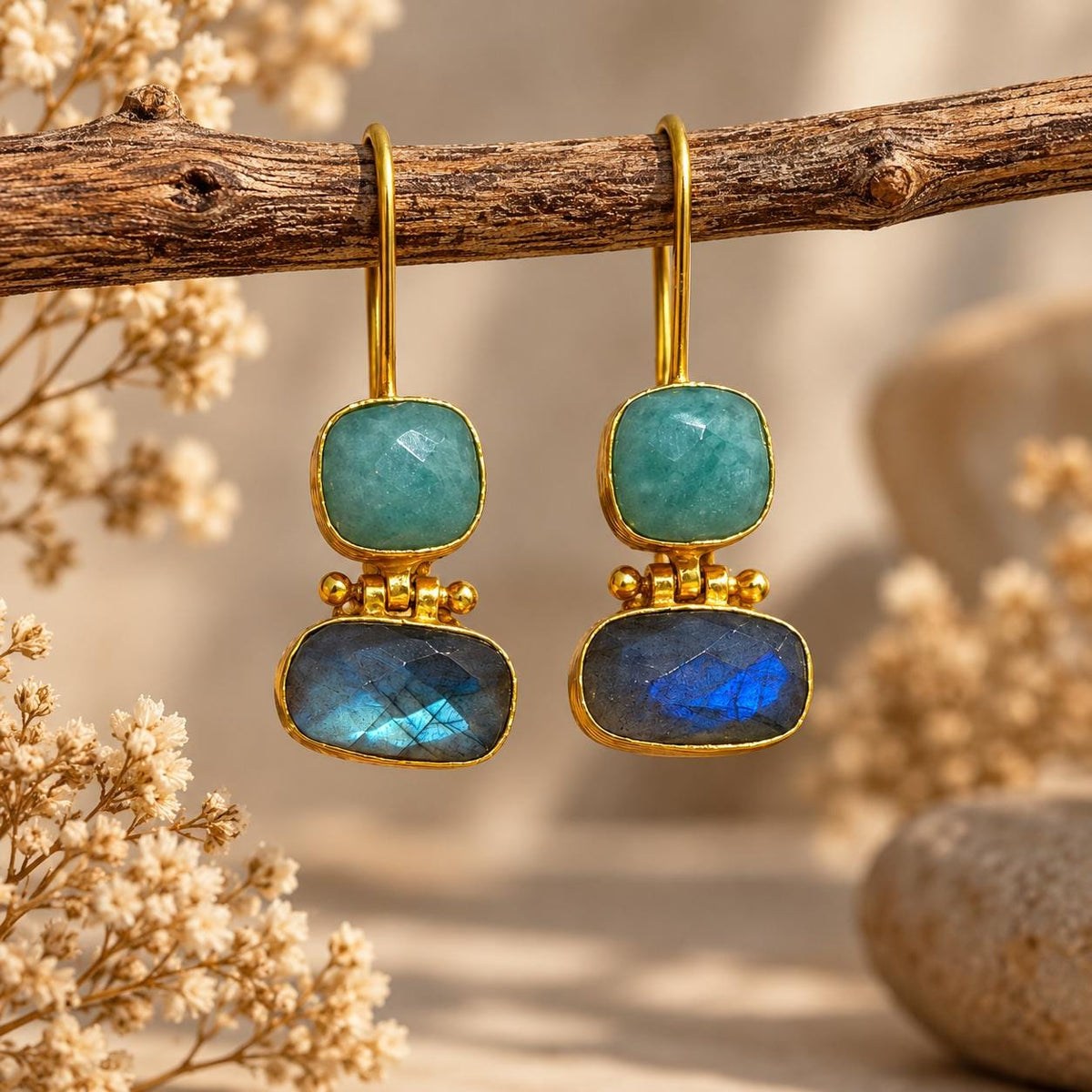 Amazonite & Labradorite Gemstone Drop Earrings, Blue Flash Boho Jewelry