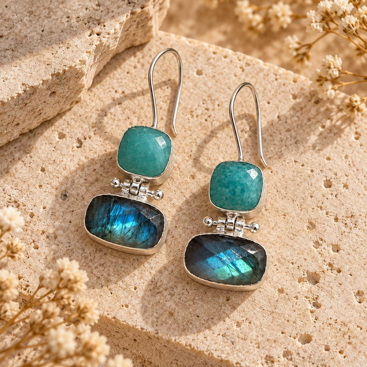 Amazonite & Labradorite Gemstone Drop Earrings, Blue Flash Boho Jewelry