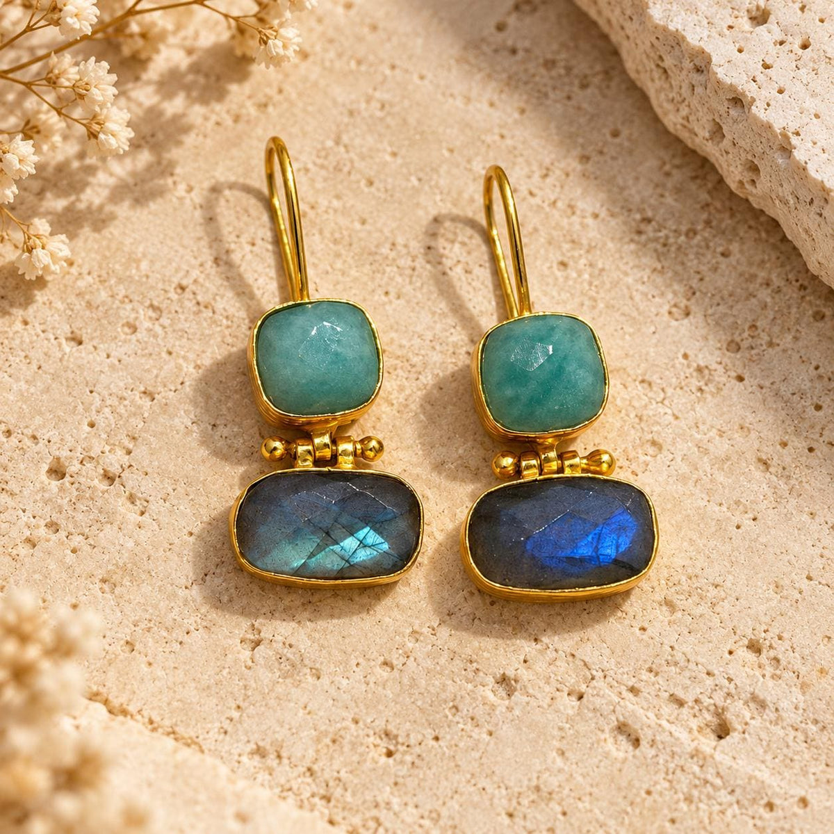 Amazonite & Labradorite Gemstone Drop Earrings, Blue Flash Boho Jewelry