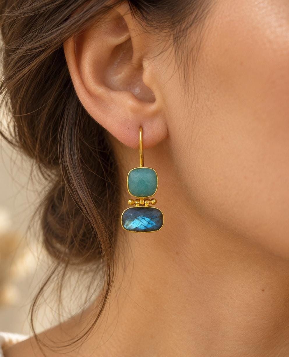 Amazonite & Labradorite Gemstone Drop Earrings, Blue Flash Boho Jewelry
