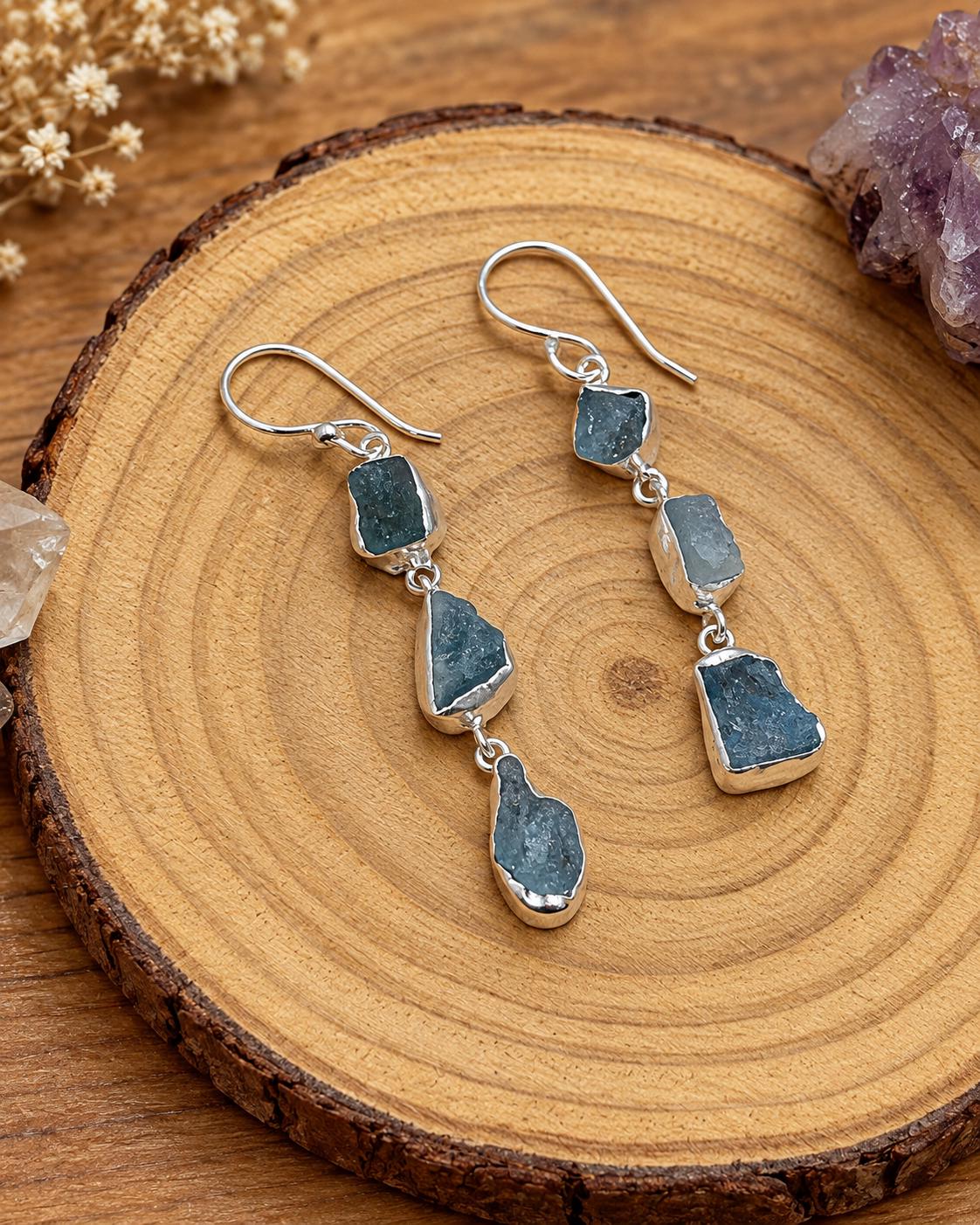 Raw Aquamarine Dangle Earrings, Sterling Silver, Rough Natural Gemstone, March Birthstone