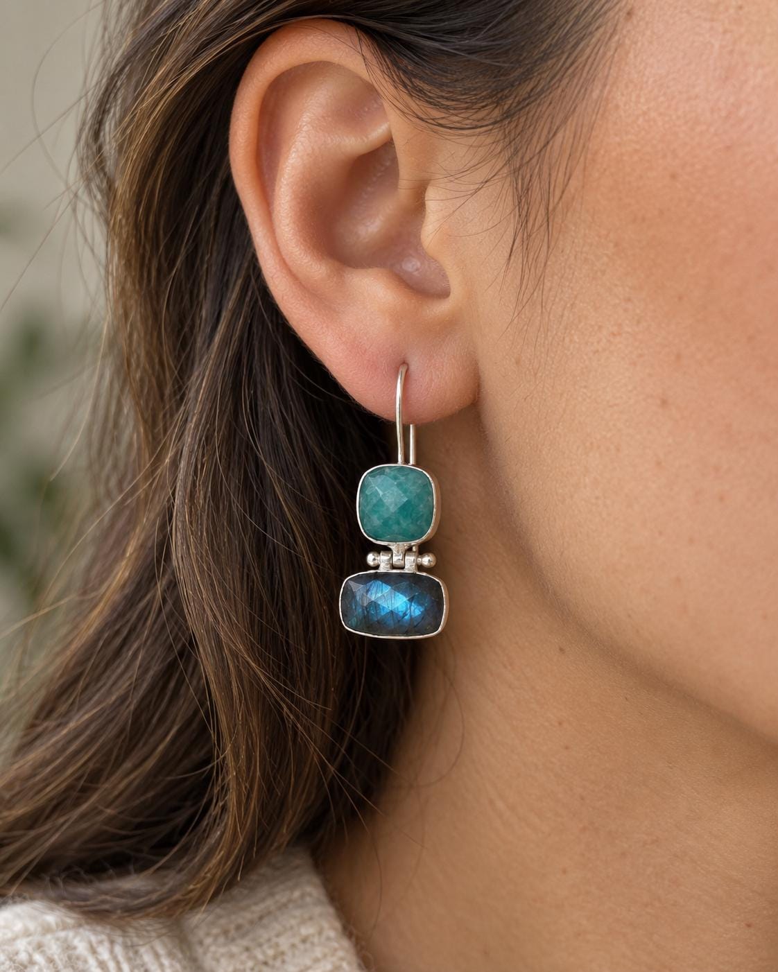Amazonite & Labradorite Gemstone Drop Earrings, Blue Flash Boho Jewelry
