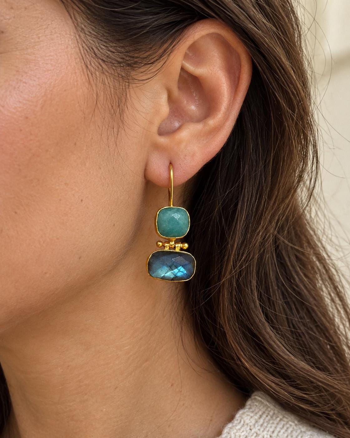 Amazonite & Labradorite Gemstone Drop Earrings, Blue Flash Boho Jewelry