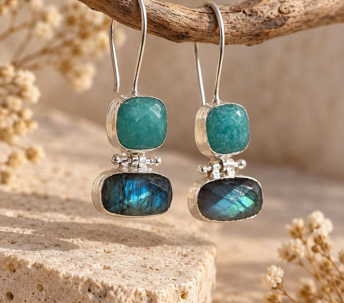 Amazonite & Labradorite Gemstone Drop Earrings, Blue Flash Boho Jewelry