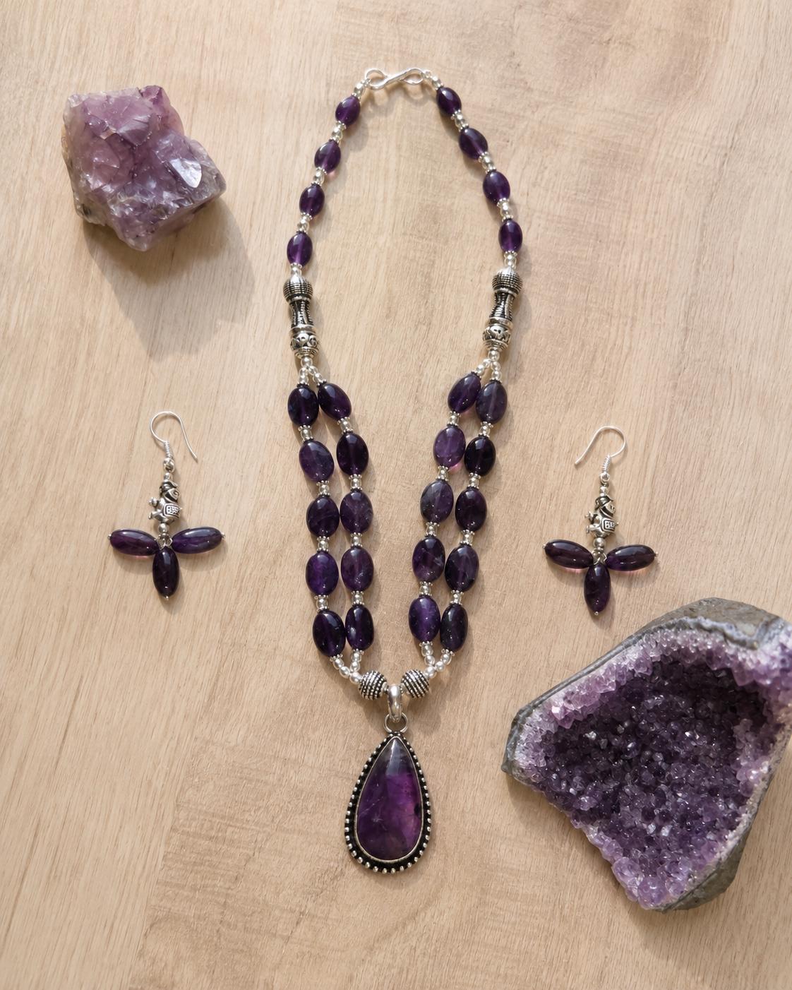 Amethyst Jewellery Set, Purple Gemstone Necklace and Earrings, Silver Statement Jewellery, Boho Crystal Gift