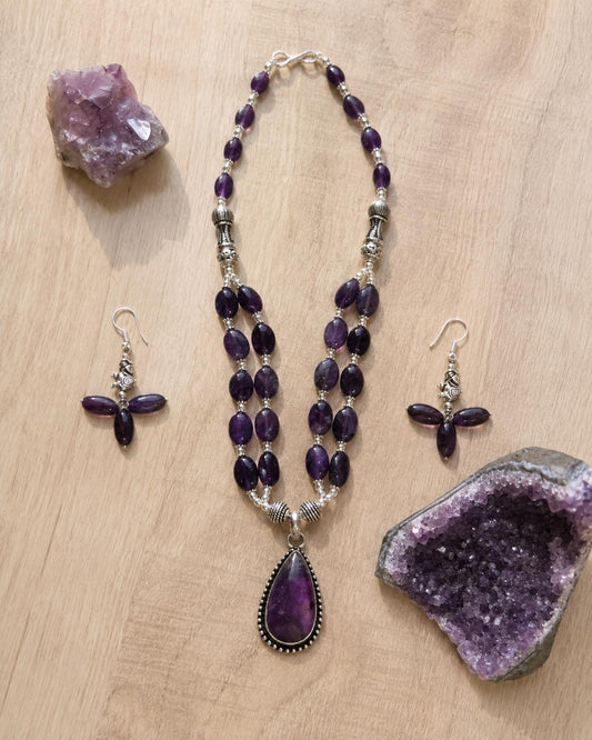 Amethyst Jewellery Set, Purple Gemstone Necklace and Earrings, Silver Statement Jewellery, Boho Crystal Gift