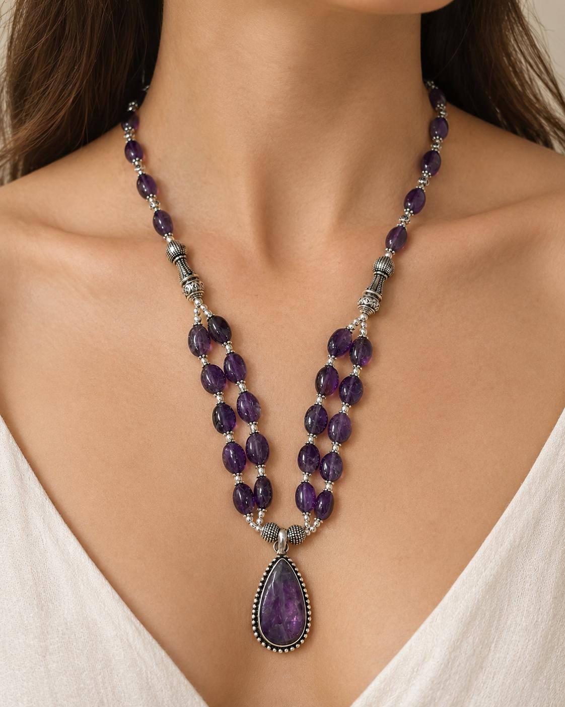 Amethyst Jewellery Set, Purple Gemstone Necklace and Earrings, Silver Statement Jewellery, Boho Crystal Gift