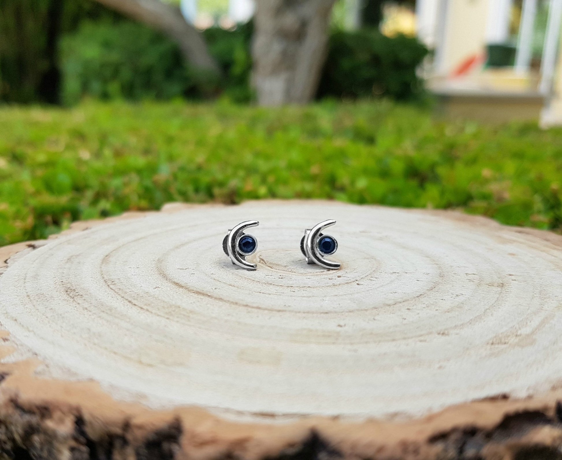 Iolite Stud Earrings, Sterling Silver Crescent Moon Design - LunarGem - Earrings