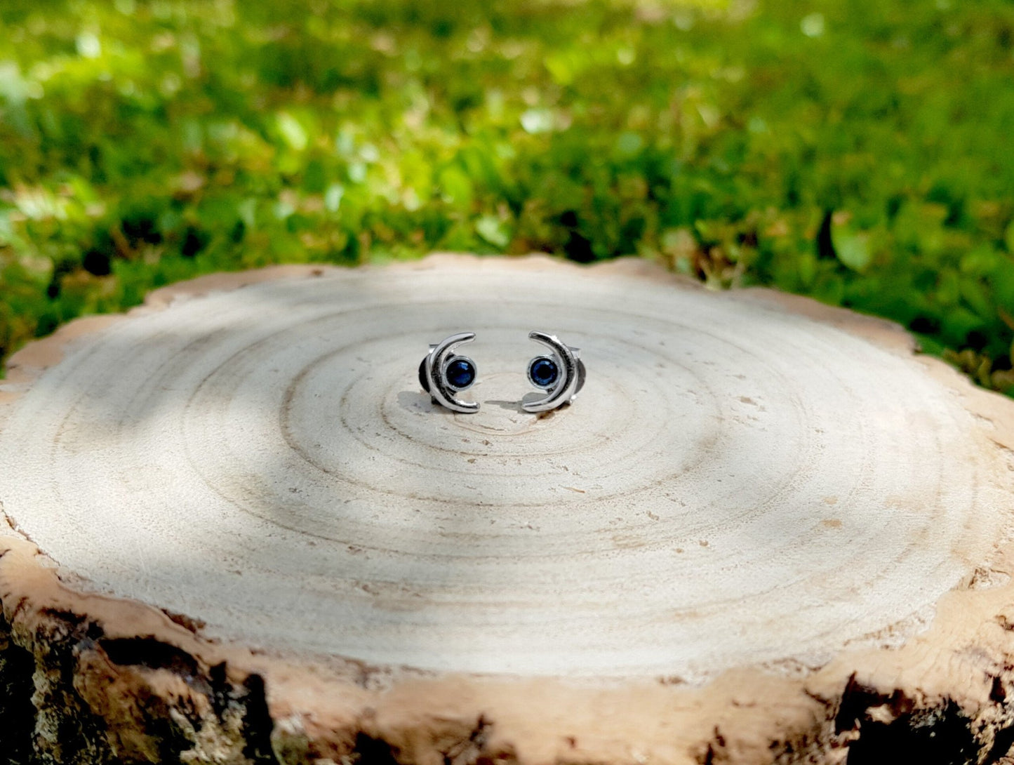 Iolite Stud Earrings, Sterling Silver Crescent Moon Design - LunarGem - Earrings