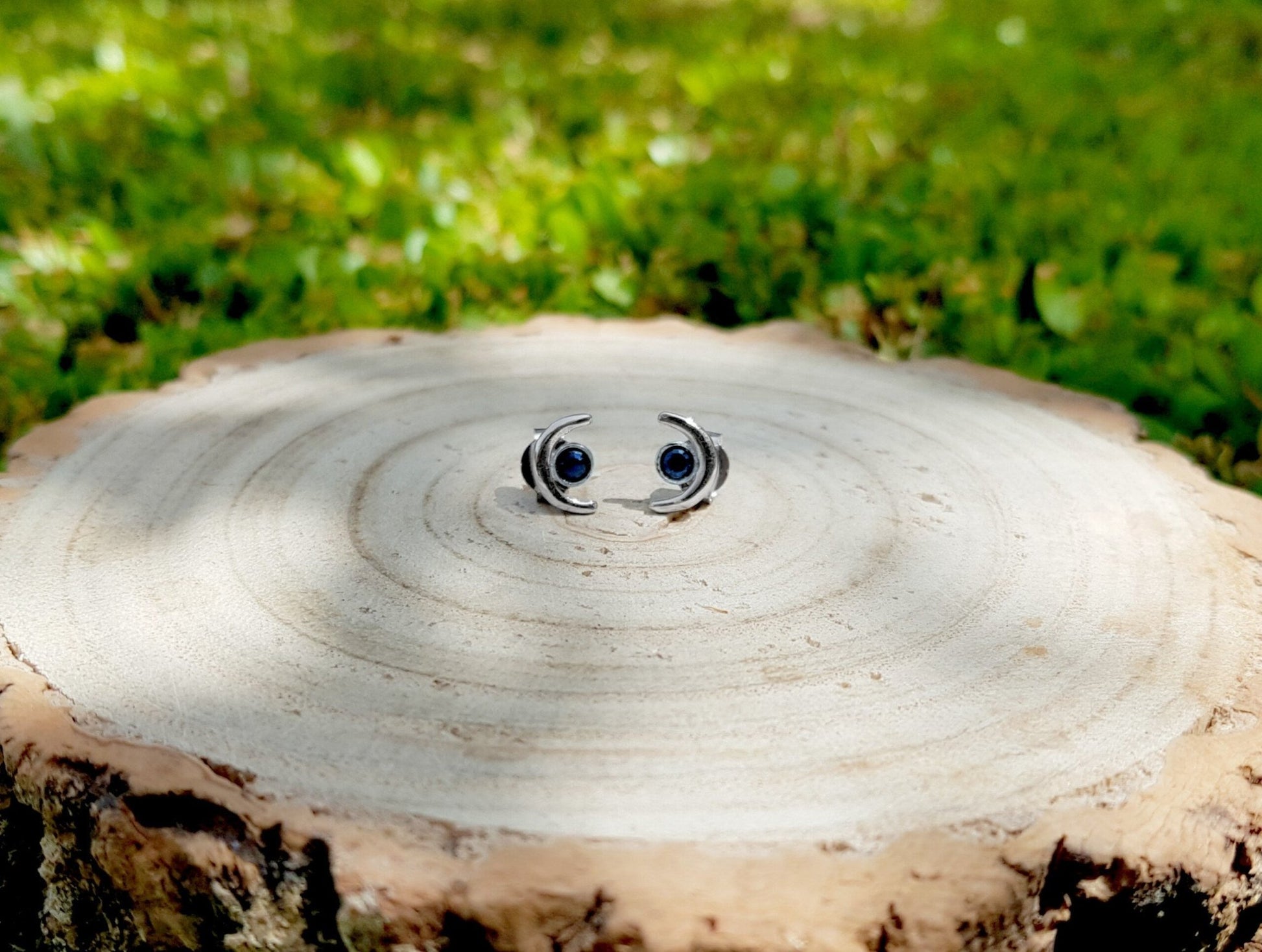 Iolite Stud Earrings, Sterling Silver Crescent Moon Design - LunarGem - Earrings