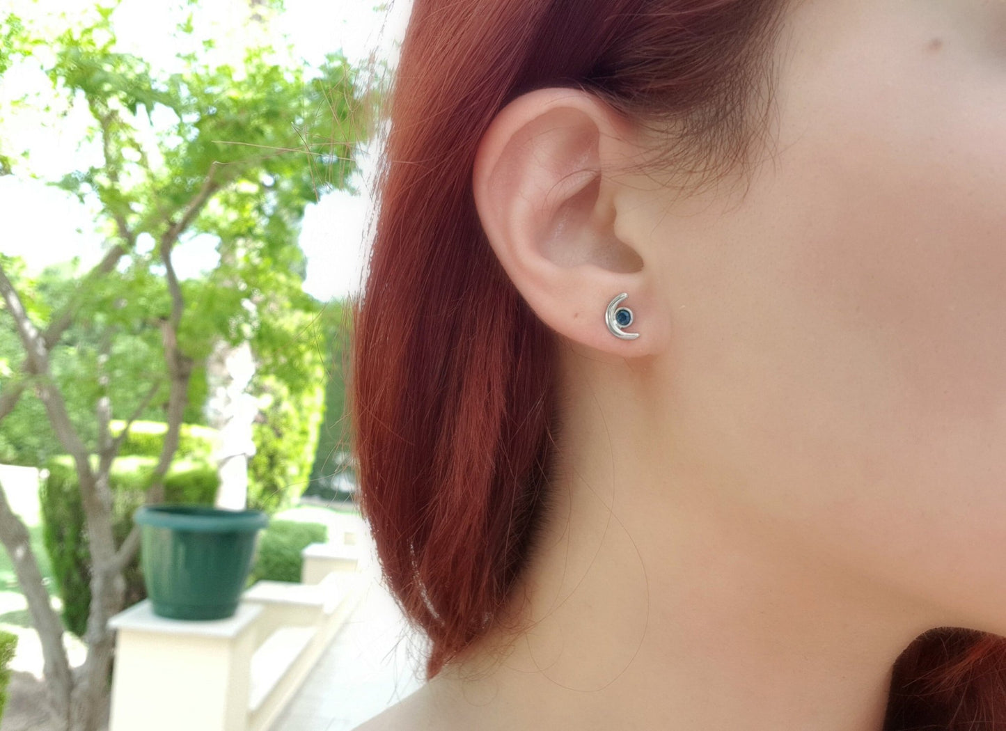 Iolite Stud Earrings, Sterling Silver Crescent Moon Design - LunarGem - Earrings