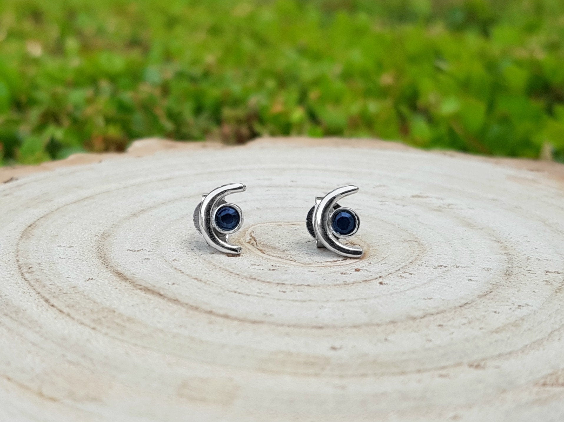 Iolite Stud Earrings, Sterling Silver Crescent Moon Design - LunarGem - Earrings