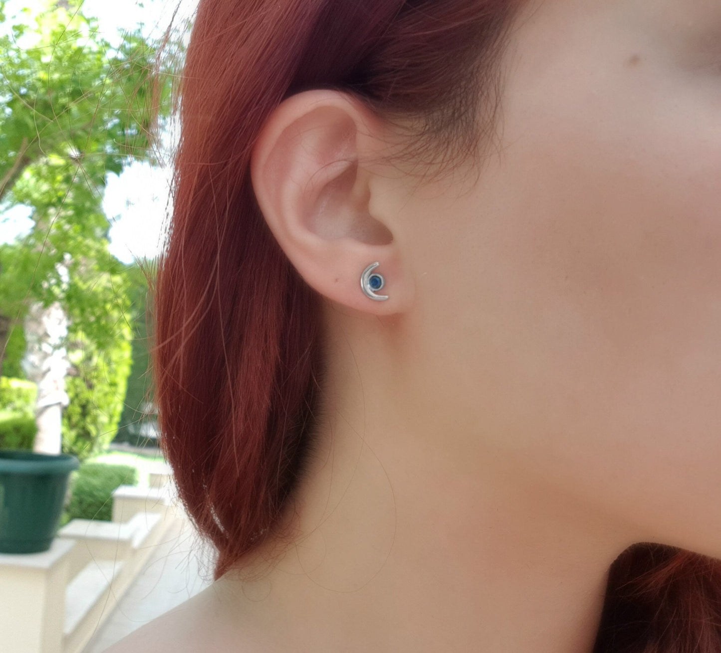 Iolite Stud Earrings, Sterling Silver Crescent Moon Design - LunarGem - Earrings