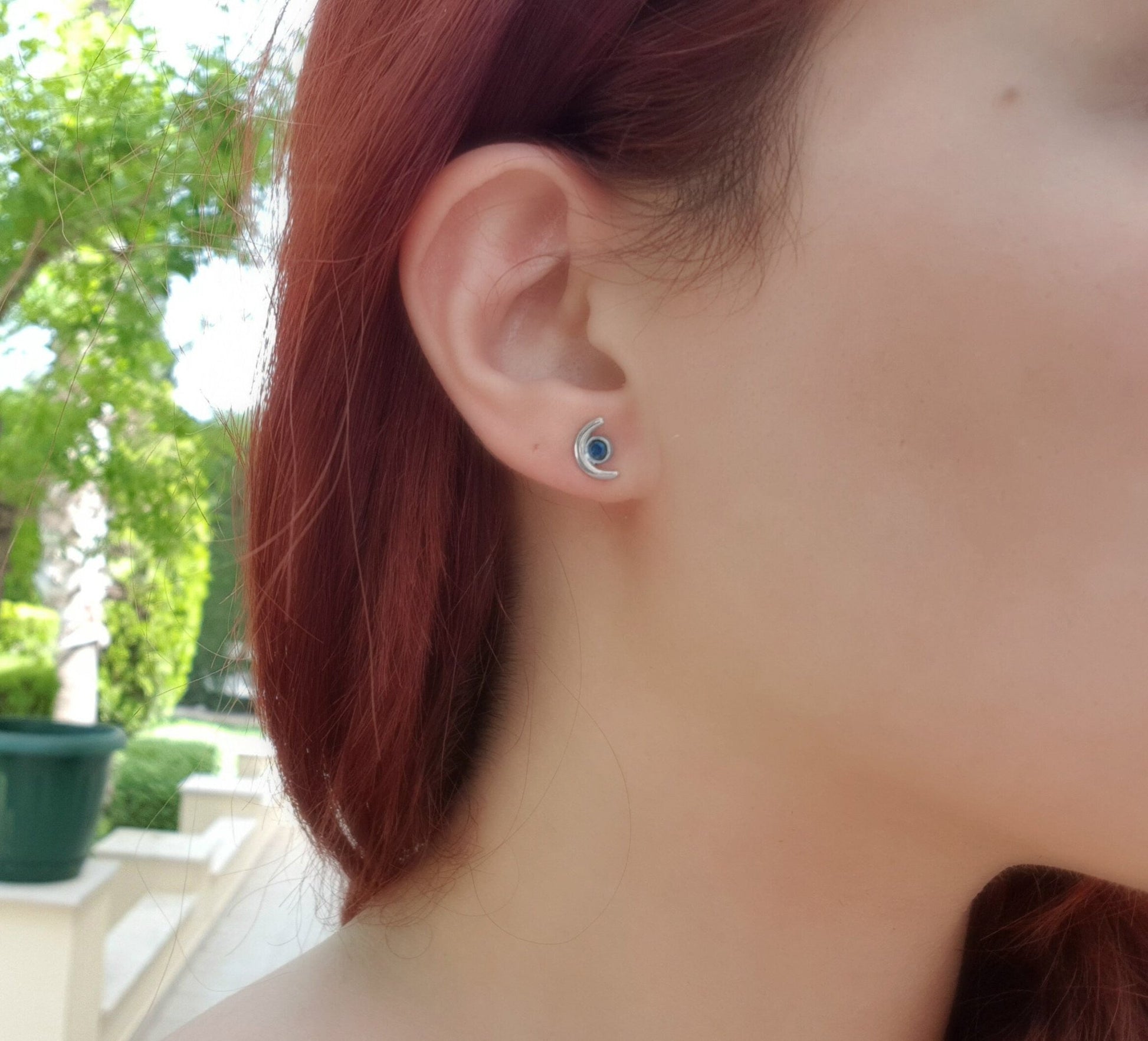 Iolite Stud Earrings, Sterling Silver Crescent Moon Design - LunarGem - Earrings