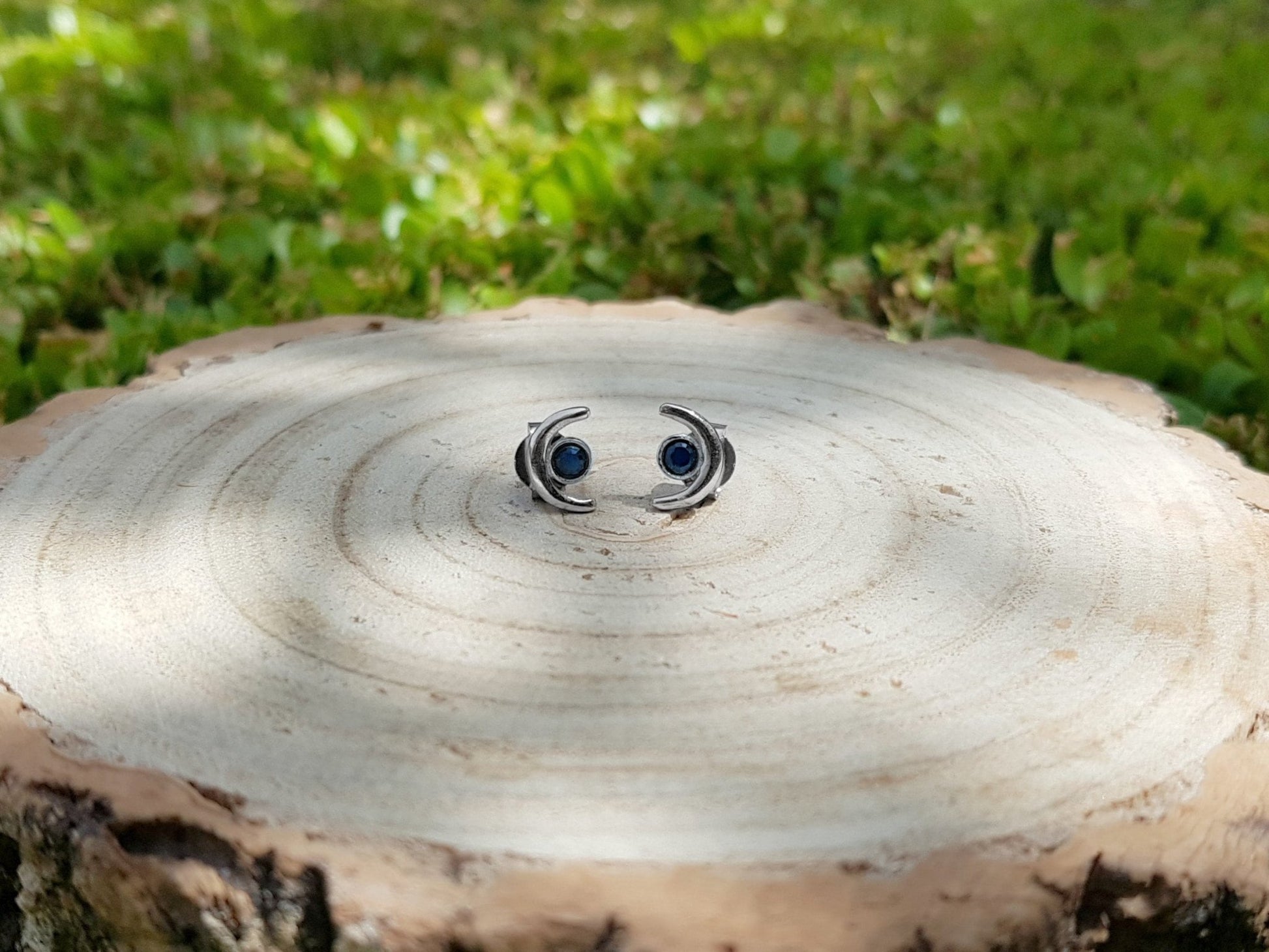 Iolite Stud Earrings, Sterling Silver Crescent Moon Design - LunarGem - Earrings