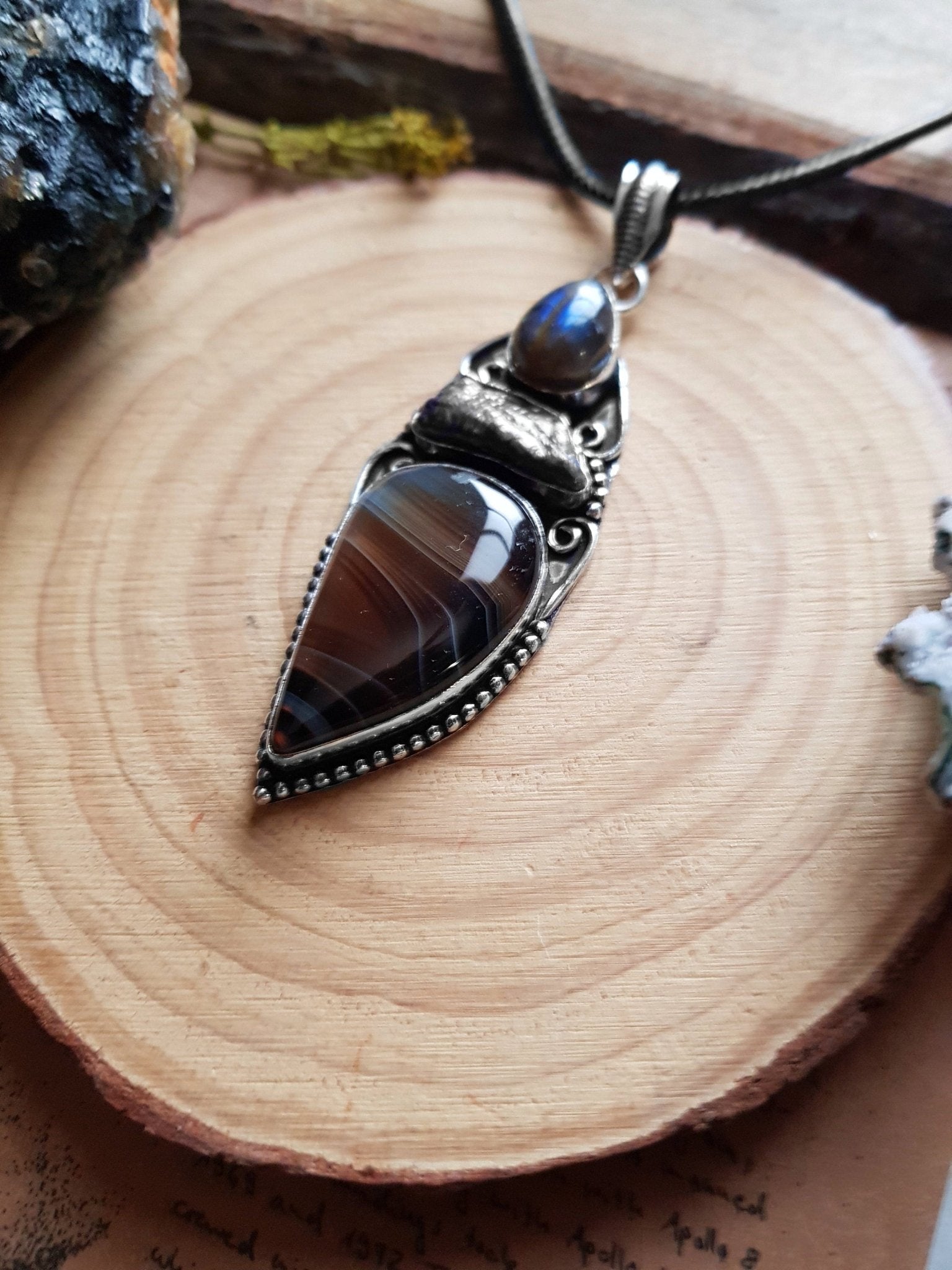Jasper And Labradorite Pendant In Sterling Silver Multi Stone Statement Necklace Crystal Jewellery - LunarGem - 