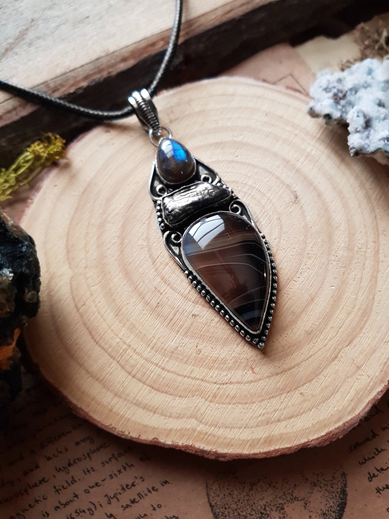 Jasper And Labradorite Pendant In Sterling Silver Multi Stone Statement Necklace Crystal Jewellery - LunarGem - 
