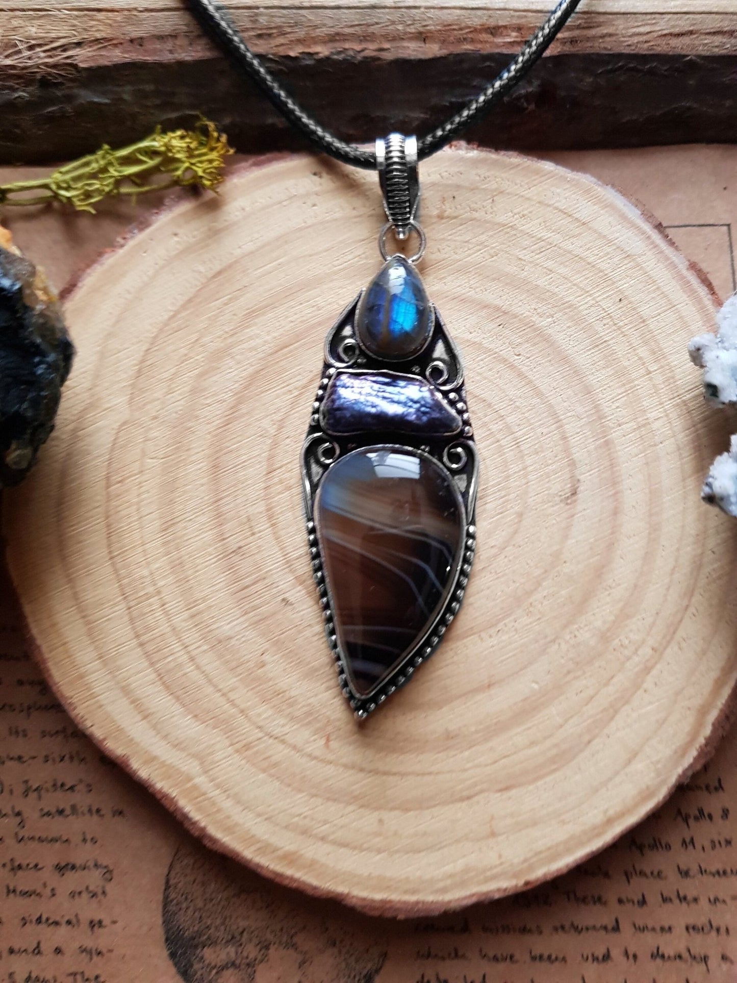 Jasper And Labradorite Pendant In Sterling Silver Multi Stone Statement Necklace Crystal Jewellery - LunarGem - 