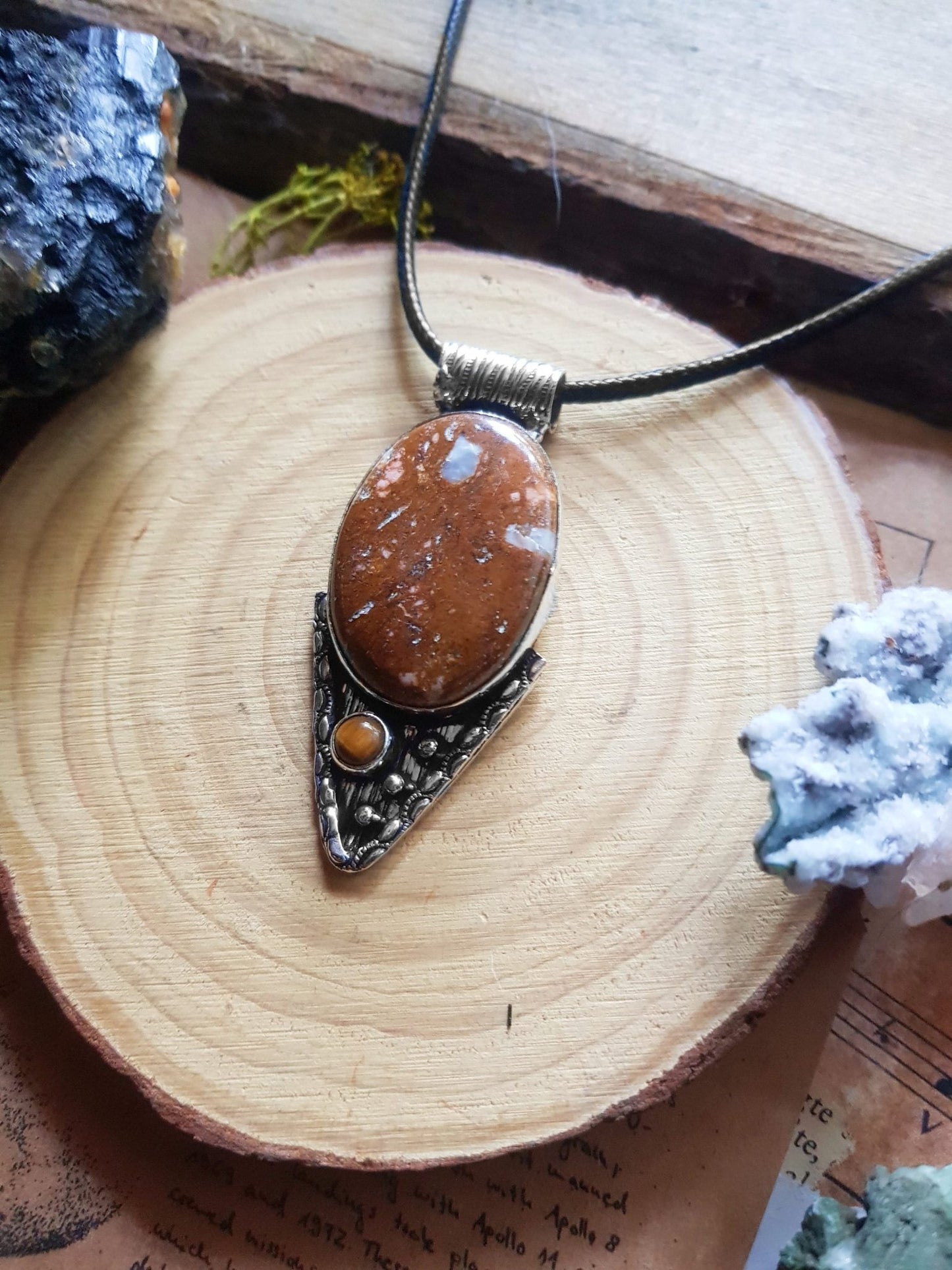 Jasper And Tiger Eye Pendant In Sterling Silver Statement Necklace - LunarGem - 