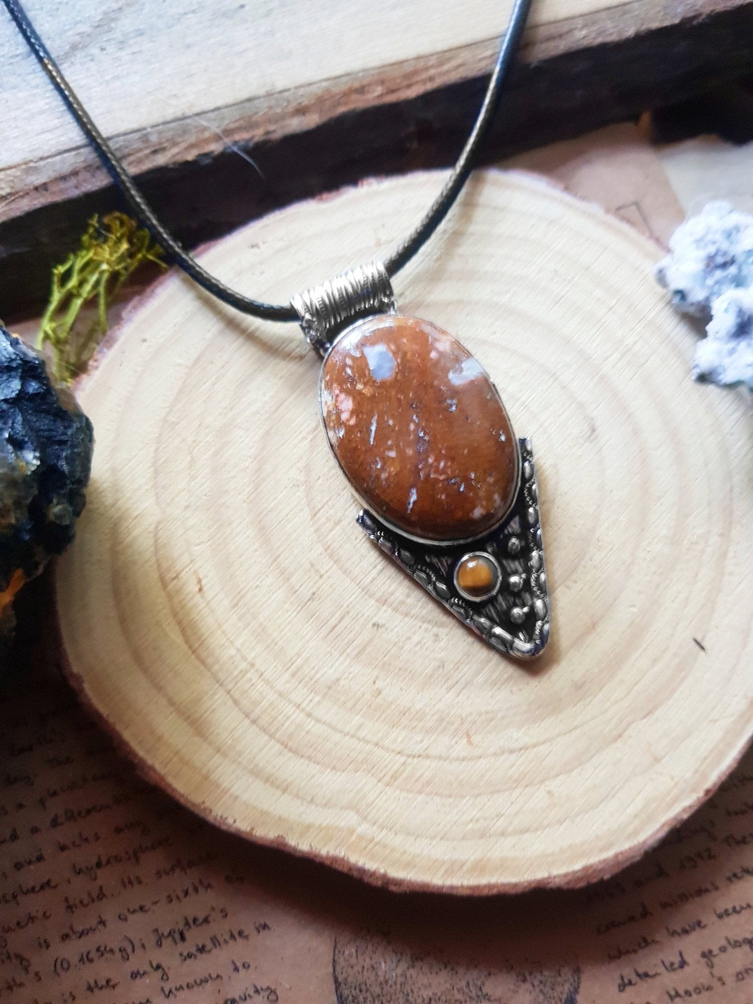 Jasper And Tiger Eye Pendant In Sterling Silver Statement Necklace - LunarGem - 