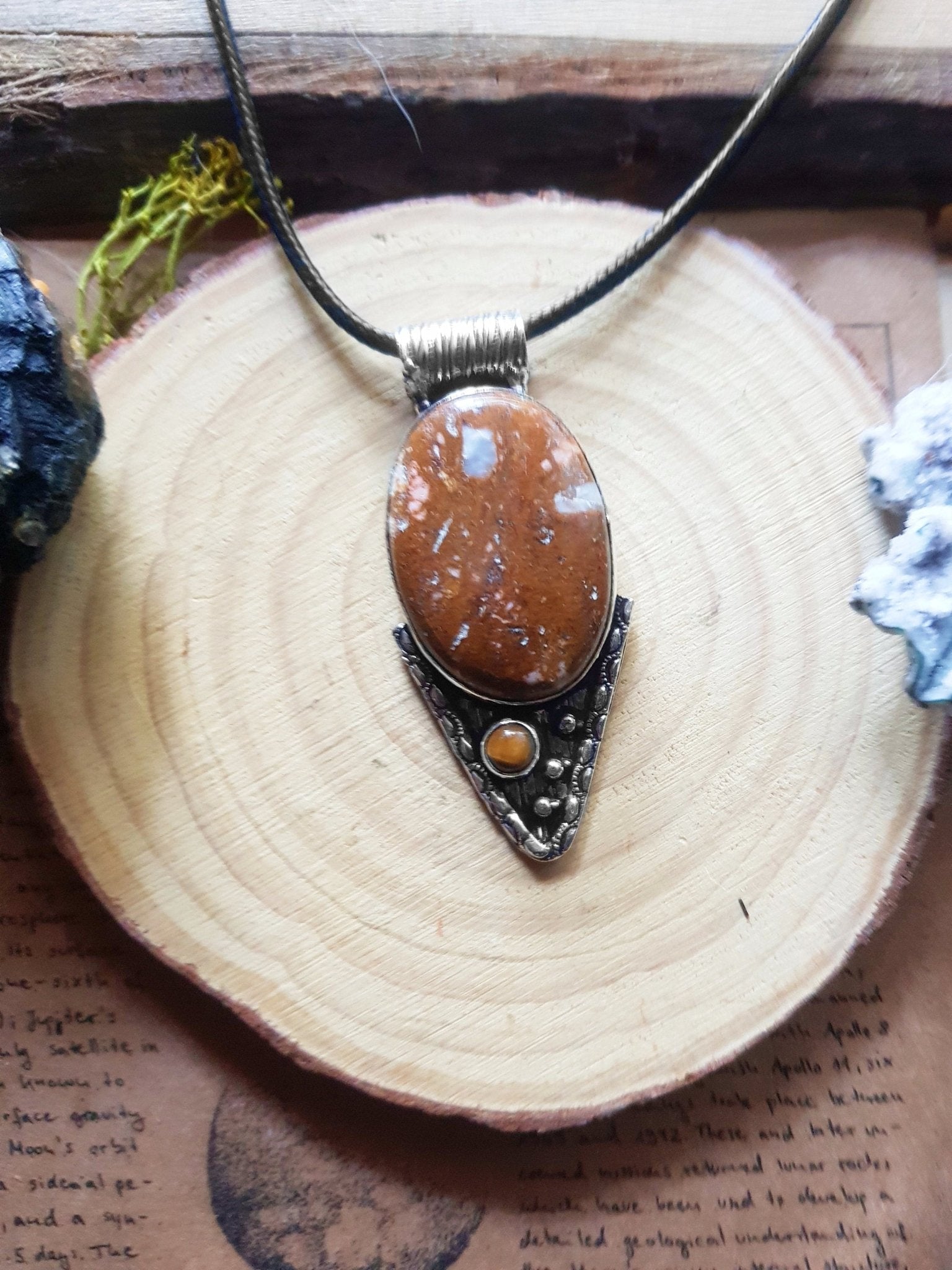 Jasper And Tiger Eye Pendant In Sterling Silver Statement Necklace - LunarGem - 