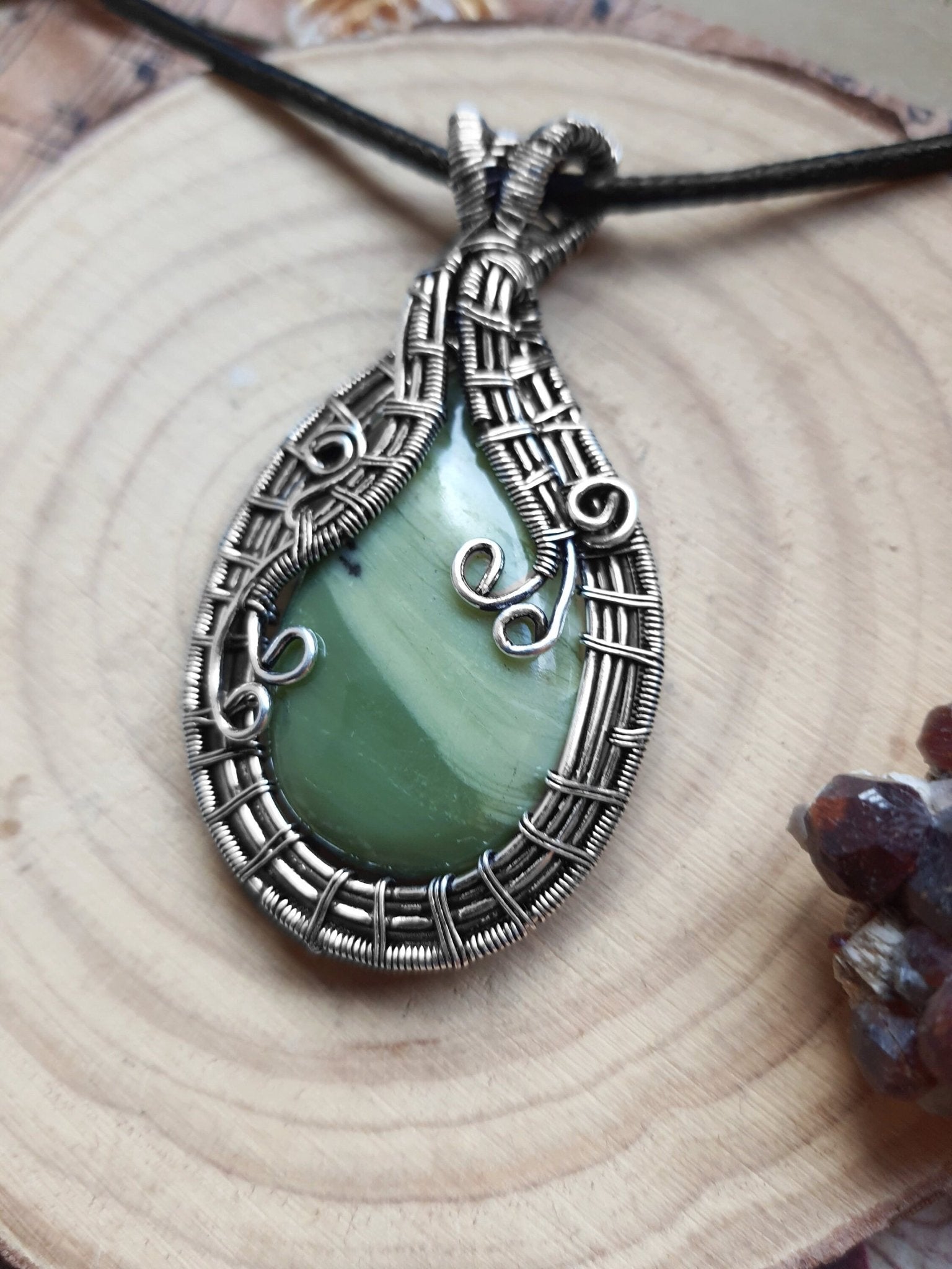 Jasper Wire Wrapped Pendant In Sterling Silver Statement Pendant - LunarGem - 
