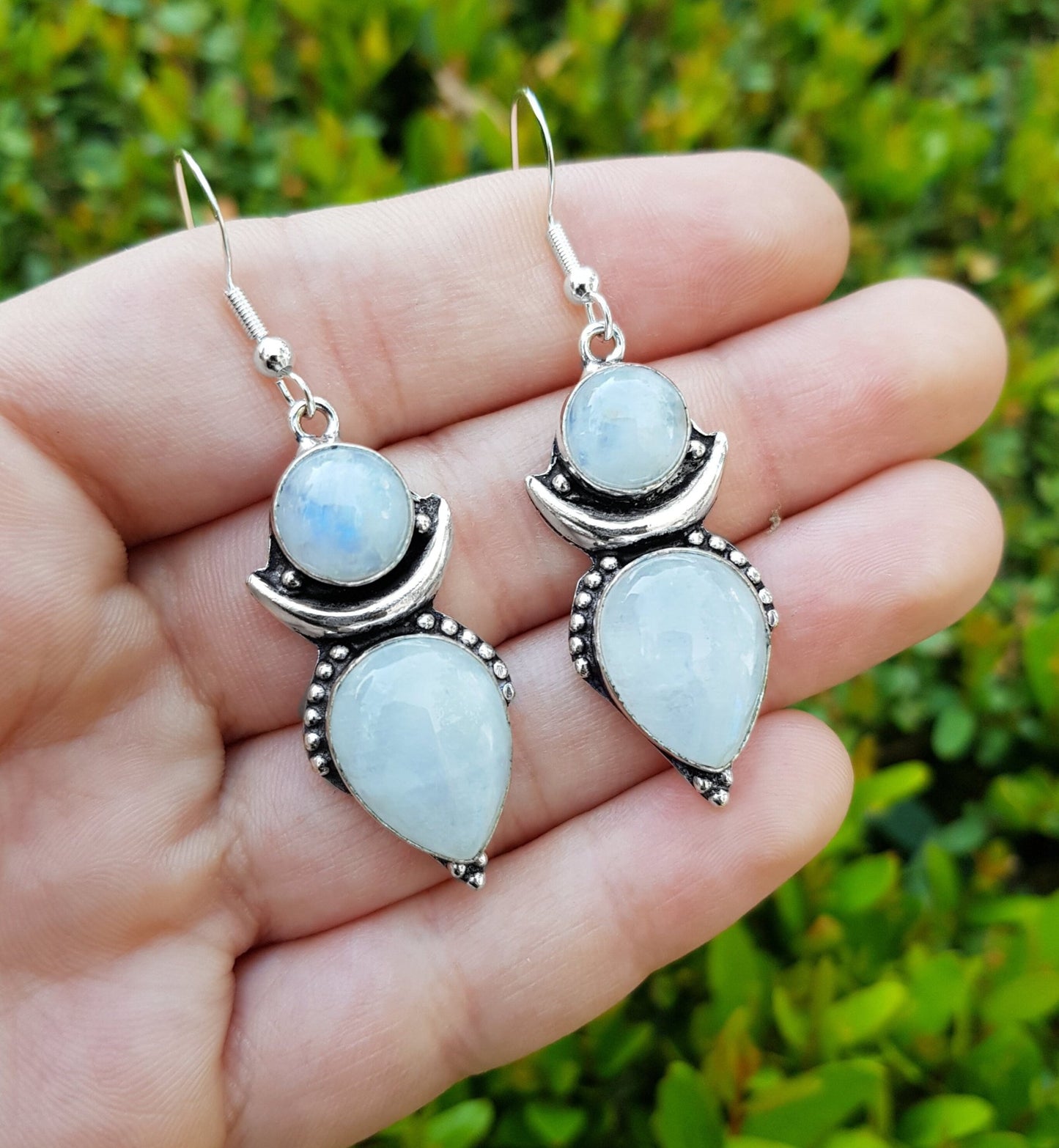 Labradorite Crescent Moon Earrings: Sterling Silver Boho Teardrop Jewelry - LunarGem - Earrings
