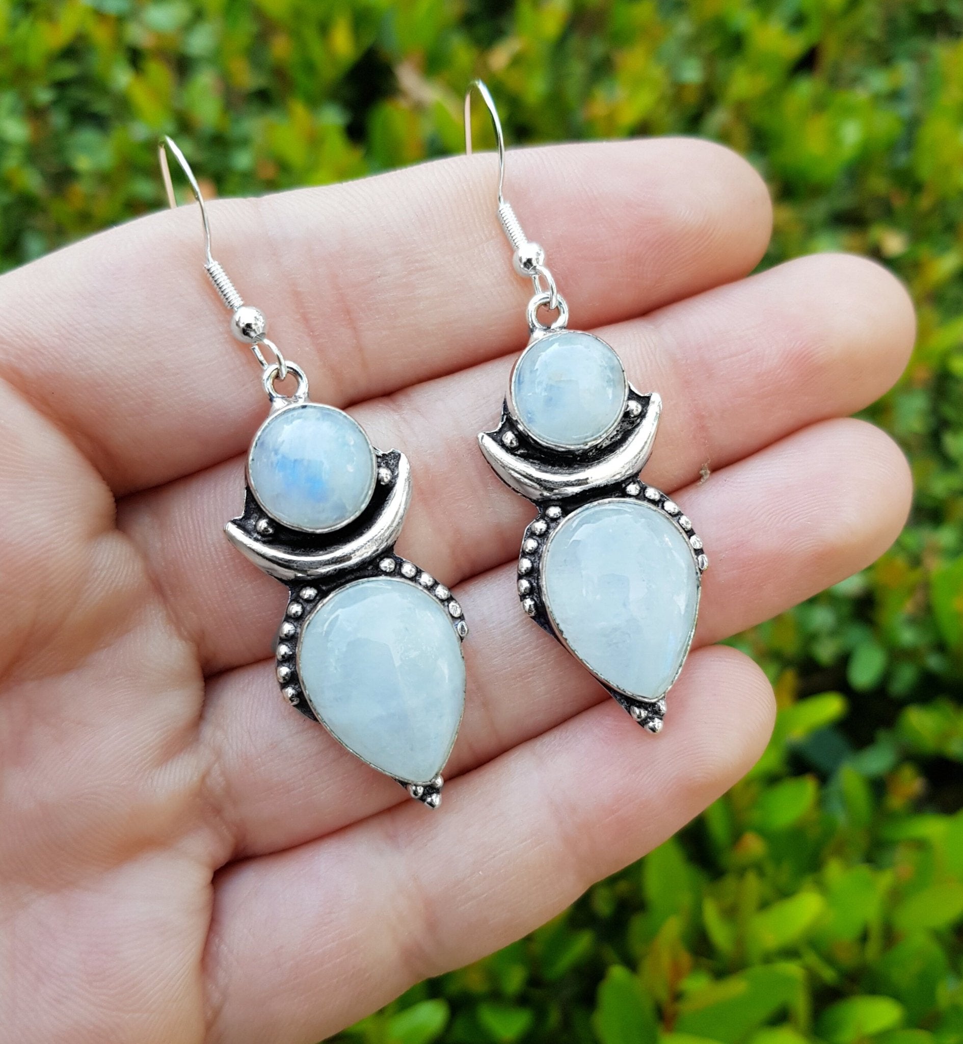 Labradorite Crescent Moon Earrings: Sterling Silver Boho Teardrop Jewelry - LunarGem - Earrings