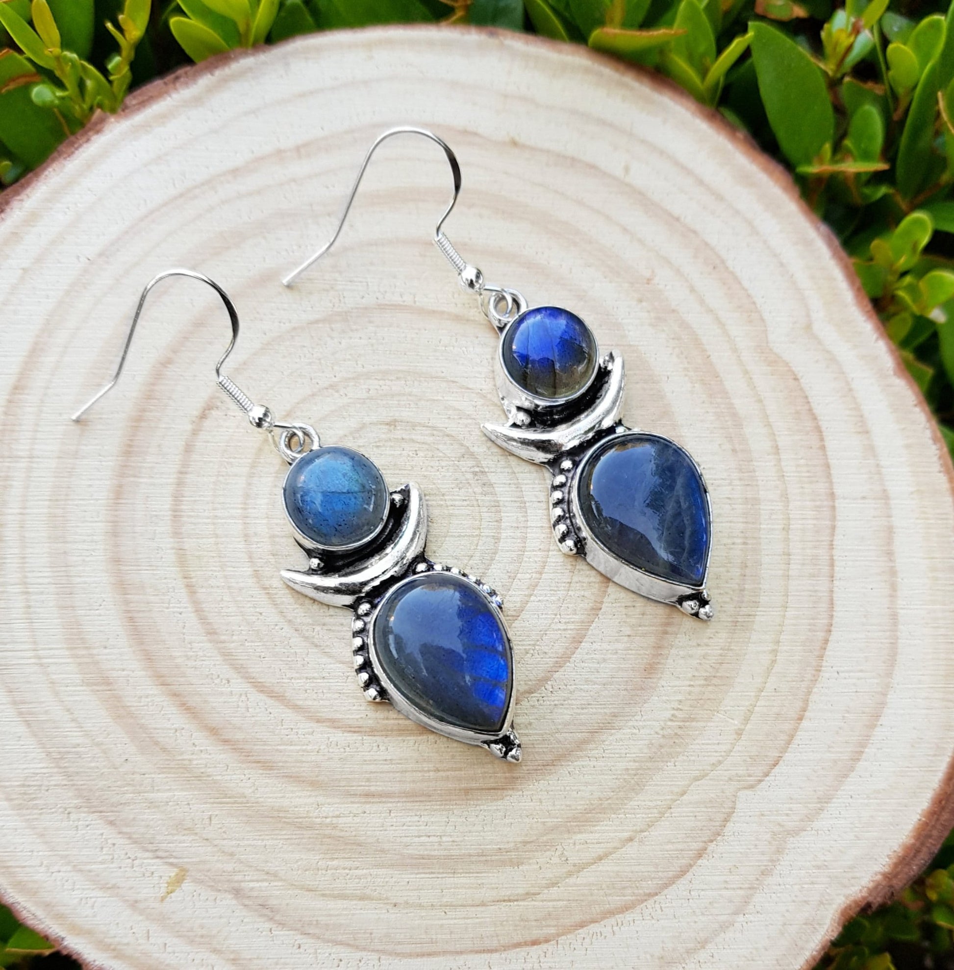 Labradorite Crescent Moon Earrings: Sterling Silver Boho Teardrop Jewelry - LunarGem - Earrings