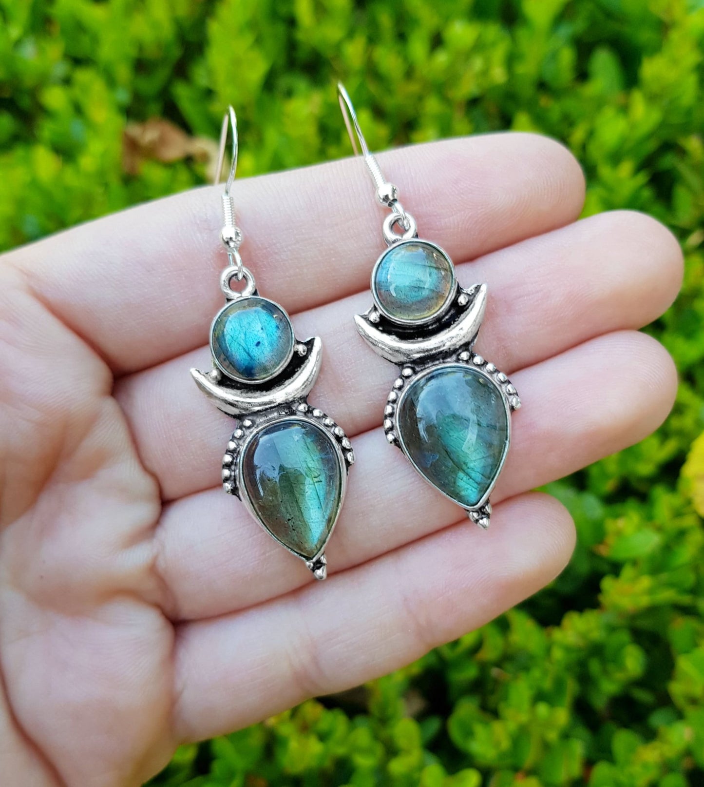 Labradorite Crescent Moon Earrings: Sterling Silver Boho Teardrop Jewelry - LunarGem - Earrings