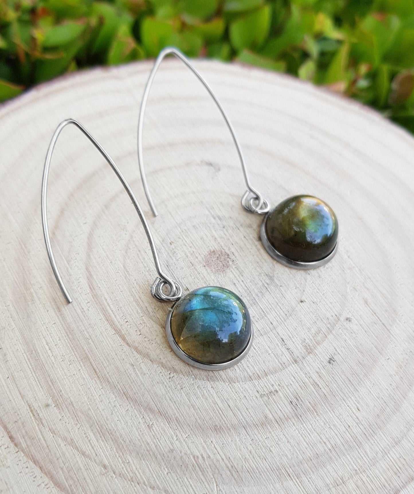 Labradorite Dangle Earrings: Hypoallergenic Stainless Steel, Minimalist Style - LunarGem - Earrings