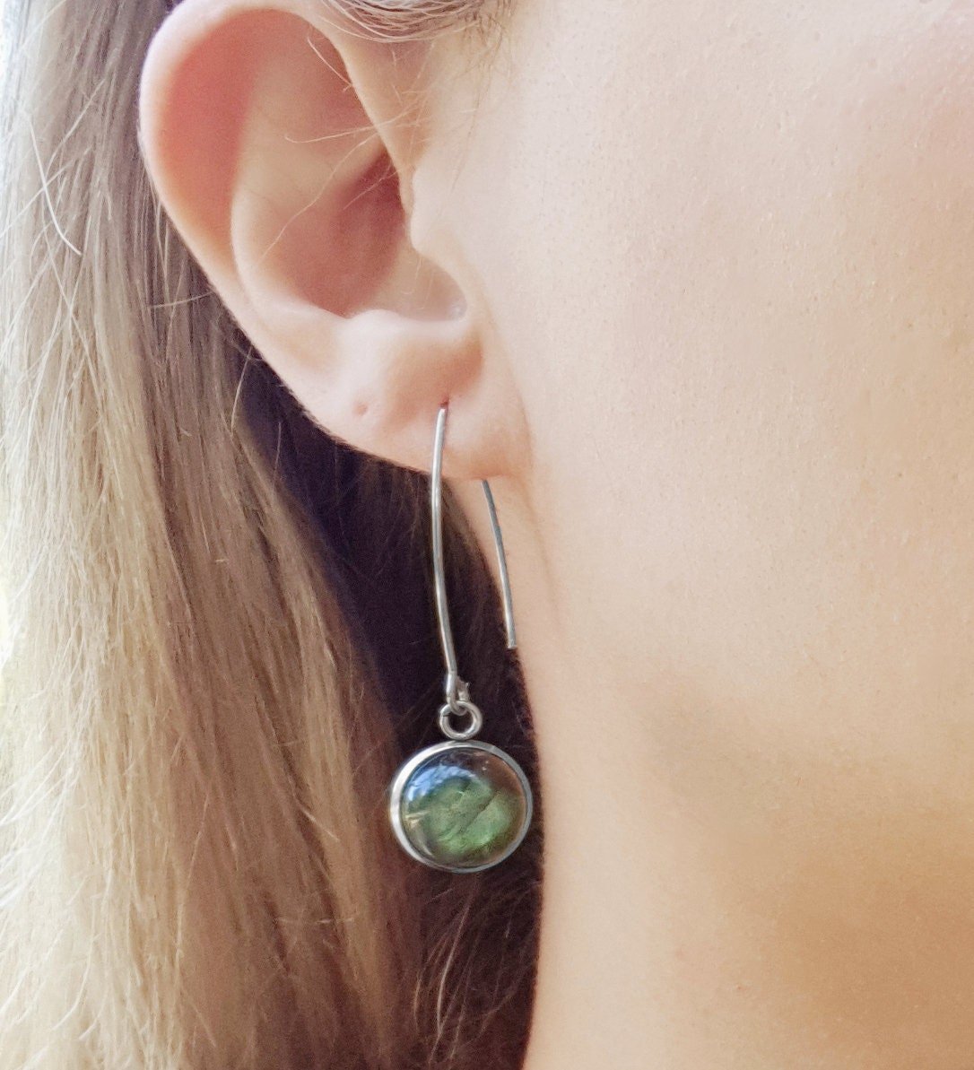 Labradorite Dangle Earrings: Hypoallergenic Stainless Steel, Minimalist Style - LunarGem - Earrings