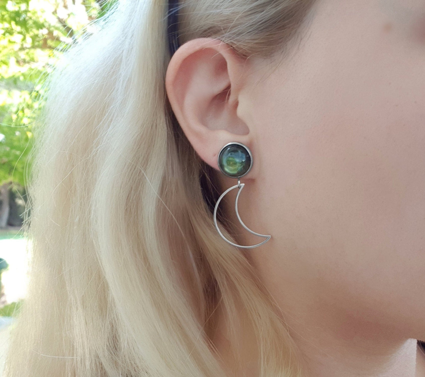 Labradorite Half Moon Dangle Earrings: Surgical Steel Studs - LunarGem - 