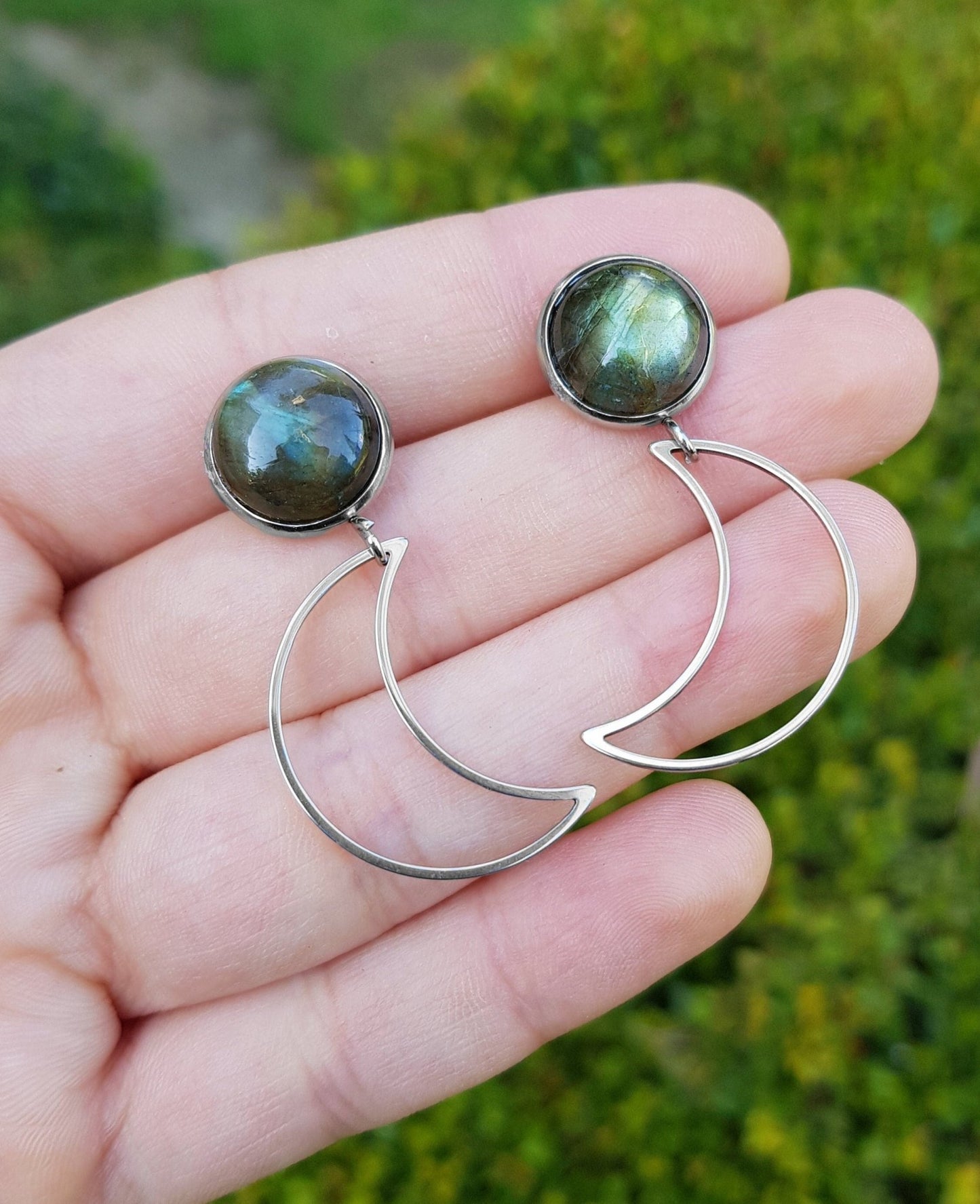 Labradorite Half Moon Dangle Earrings: Surgical Steel Studs - LunarGem - 