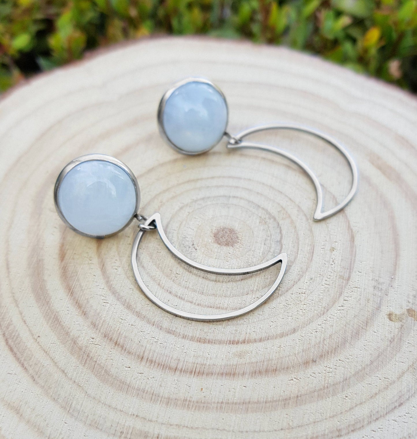 Labradorite Half Moon Dangle Earrings: Surgical Steel Studs - LunarGem - 