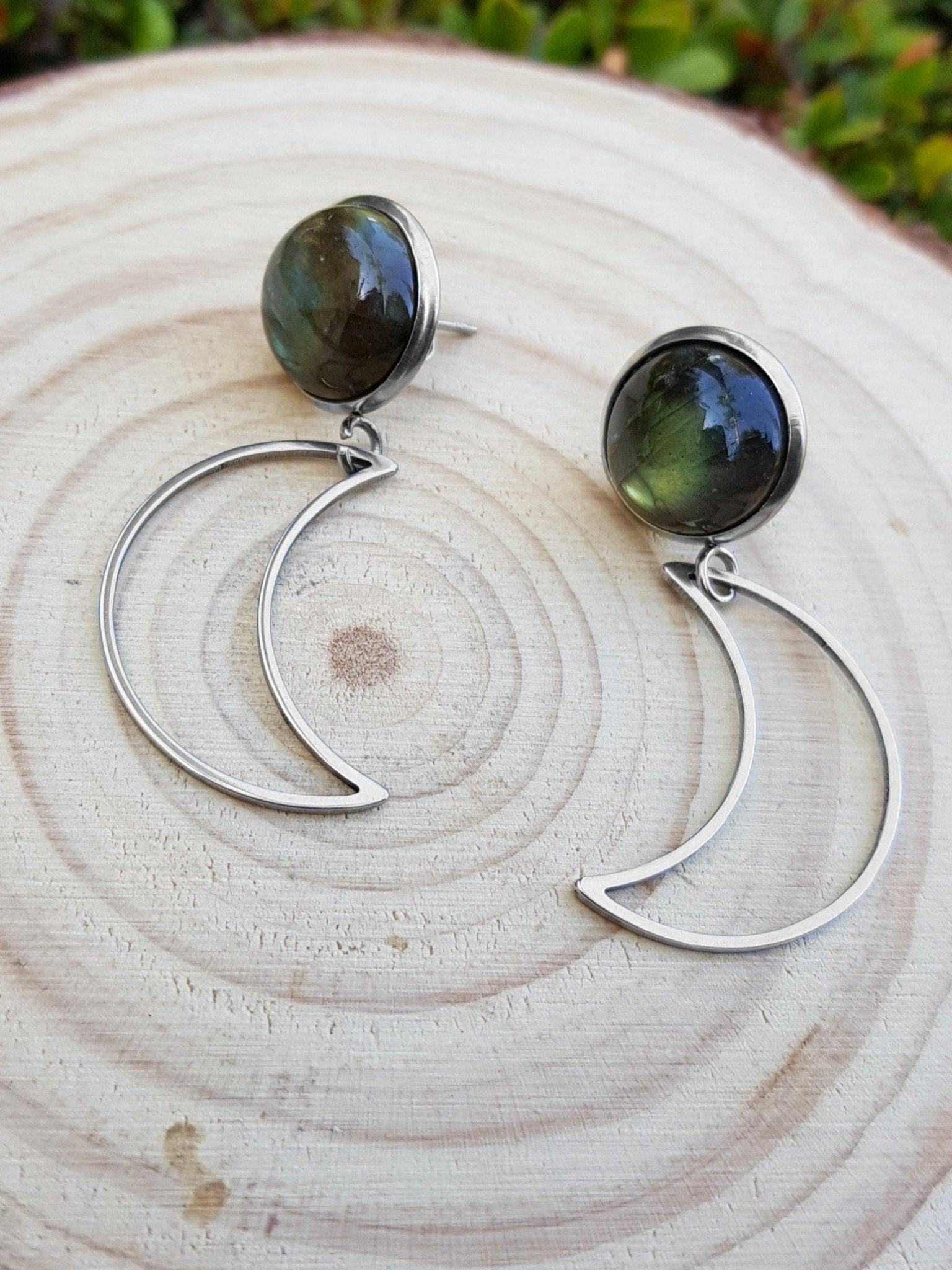 Labradorite Half Moon Dangle Earrings: Surgical Steel Studs - LunarGem - 